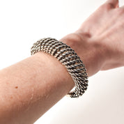 Modernist Sterling Silver Woven Cuff Bracelet, Flexible Puffed Chain Link Cuff, 5"