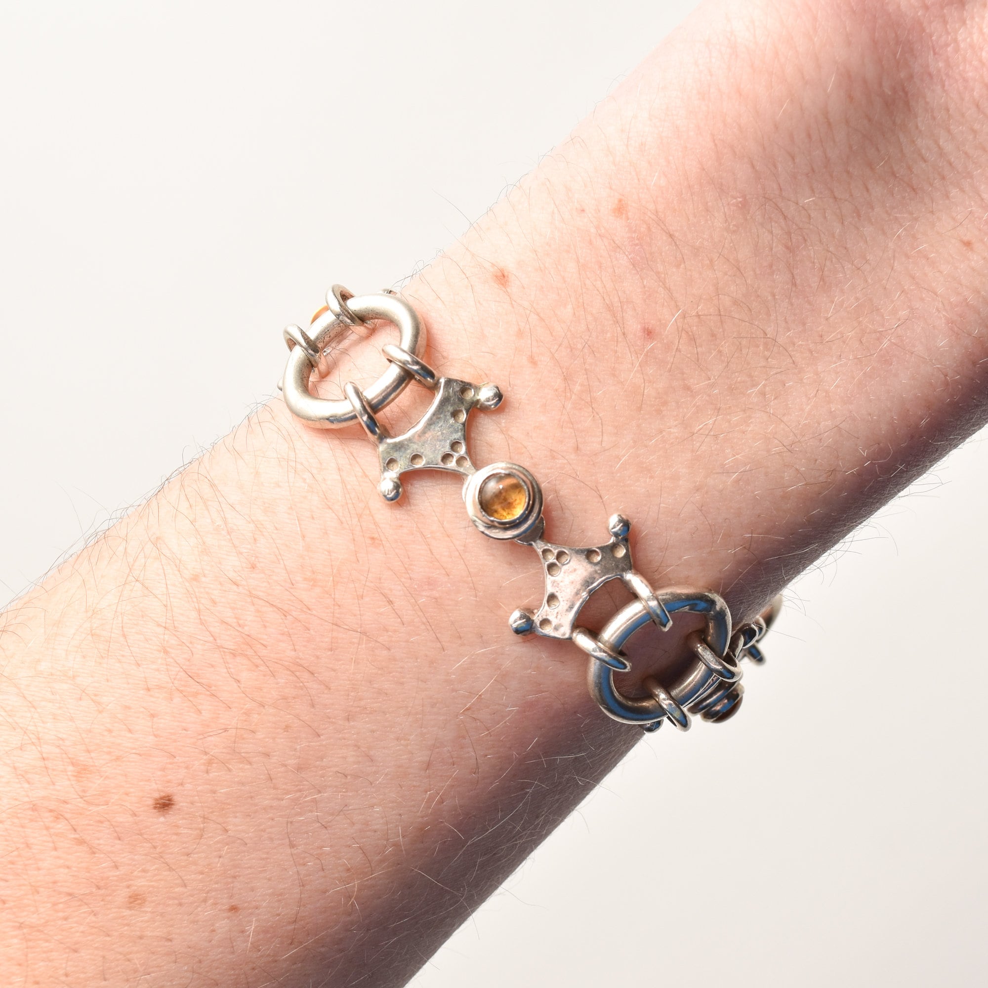Modernist Sterling Silver Citrine Crown Circle Link Bracelet, Unique Chain Bracelet, 7.75"