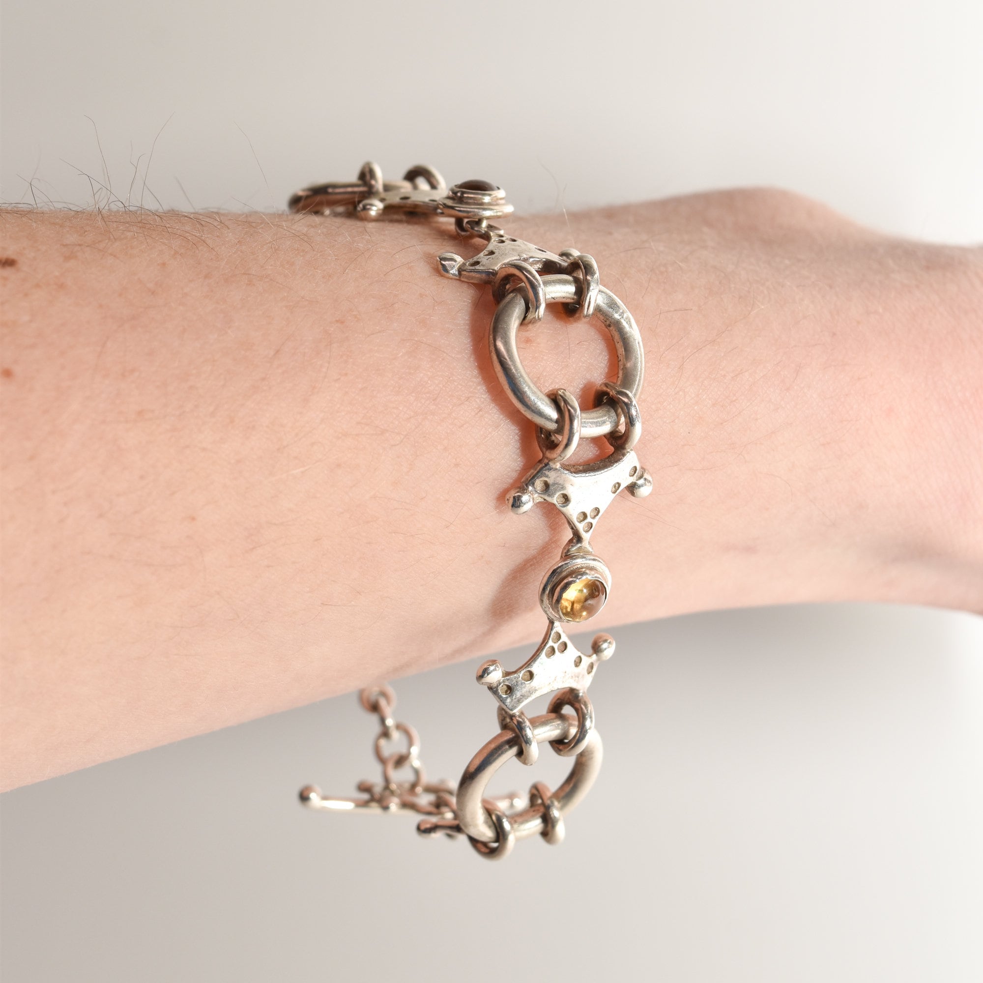 Modernist Sterling Silver Citrine Crown Circle Link Bracelet, Unique Chain Bracelet, 7.75"