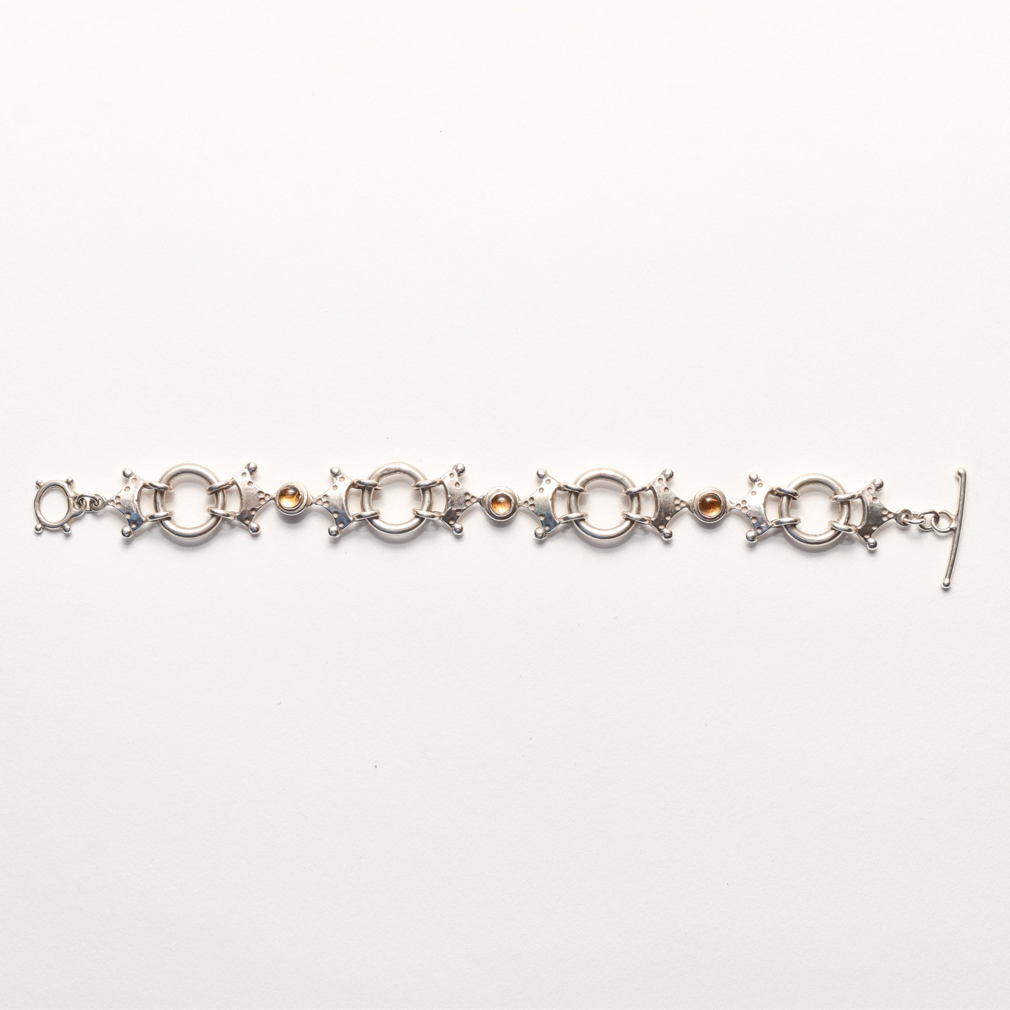 Modernist Sterling Silver Citrine Crown Circle Link Bracelet, Unique Chain Bracelet, 7.75"