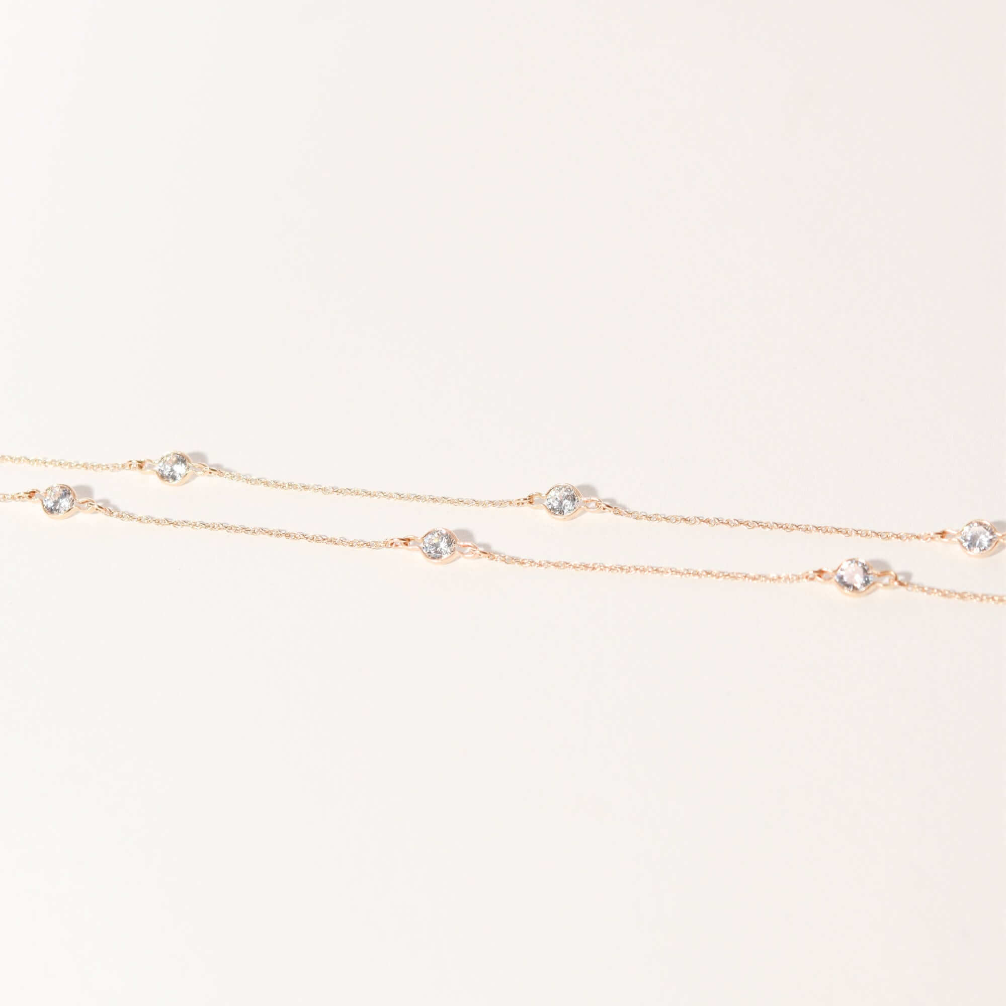 CZ Diamond Station Necklace In 14K Yellow Gold, Bezel Strand Loose Rope Chain, Estate Jewelry, 24" L