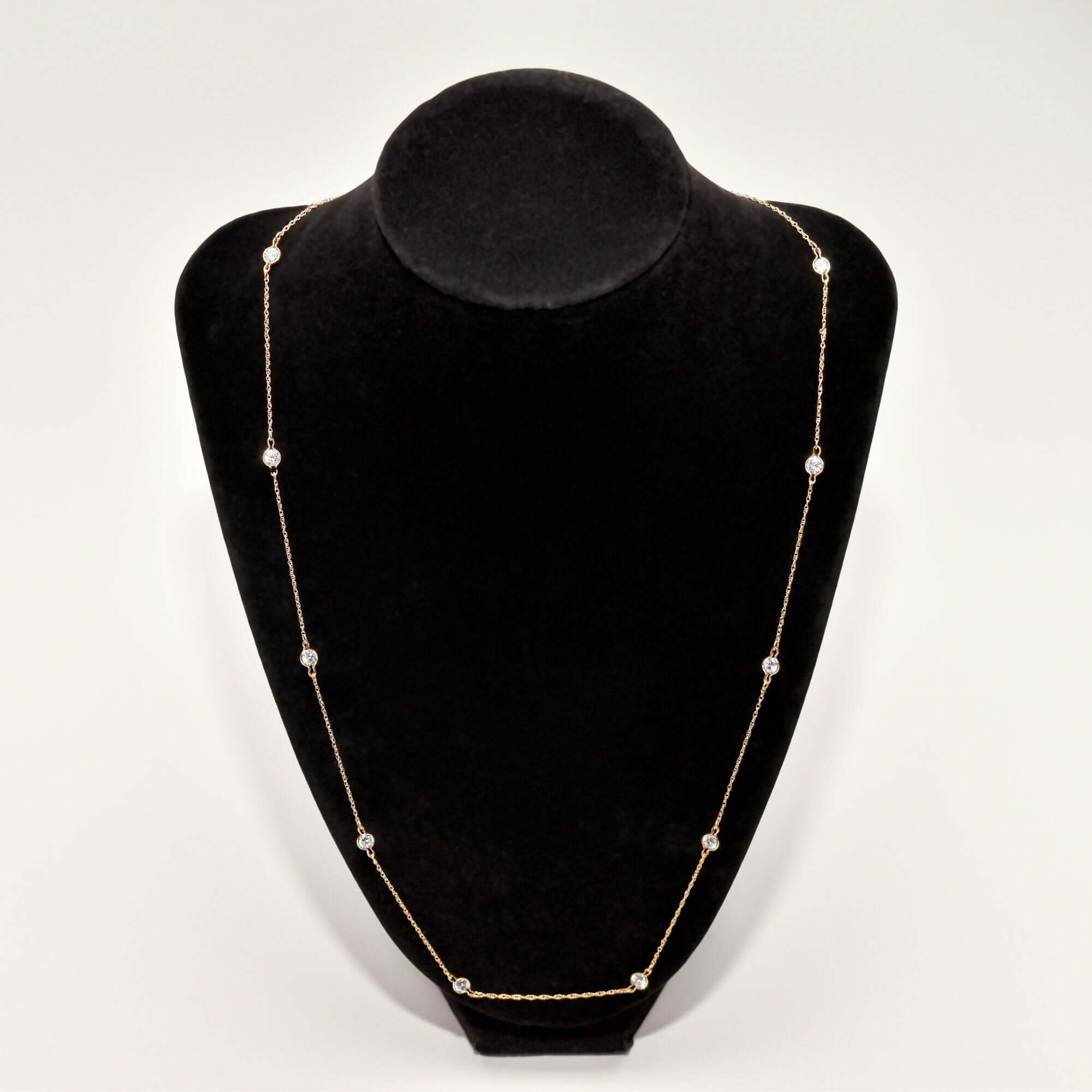 CZ Diamond Station Necklace In 14K Yellow Gold, Bezel Strand Loose Rope Chain, Estate Jewelry, 24" L