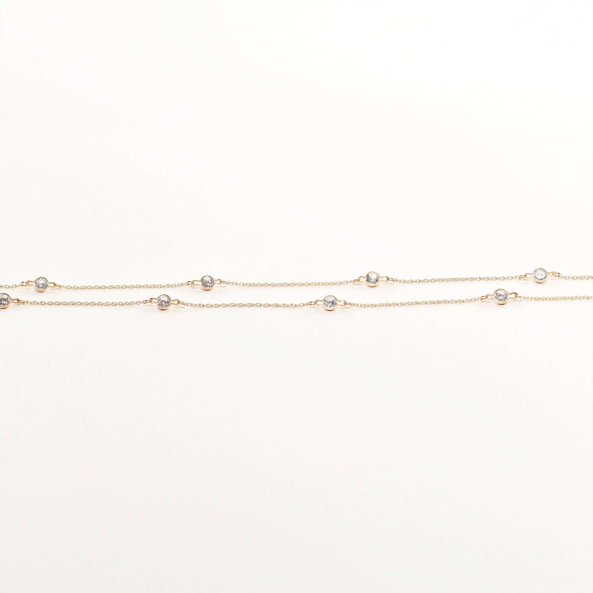 CZ Diamond Station Necklace In 14K Yellow Gold, Bezel Strand Loose Rope Chain, Estate Jewelry, 24" L