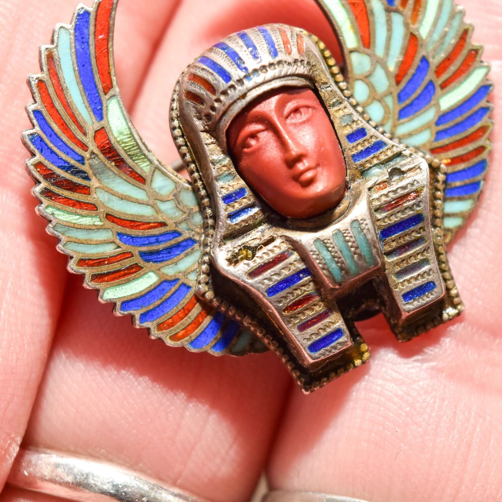 Egyptian Revival Enamel Brooch Pin, Colorful Winged Pharaoh Pin, Vintage Jewelry, 1.25"
