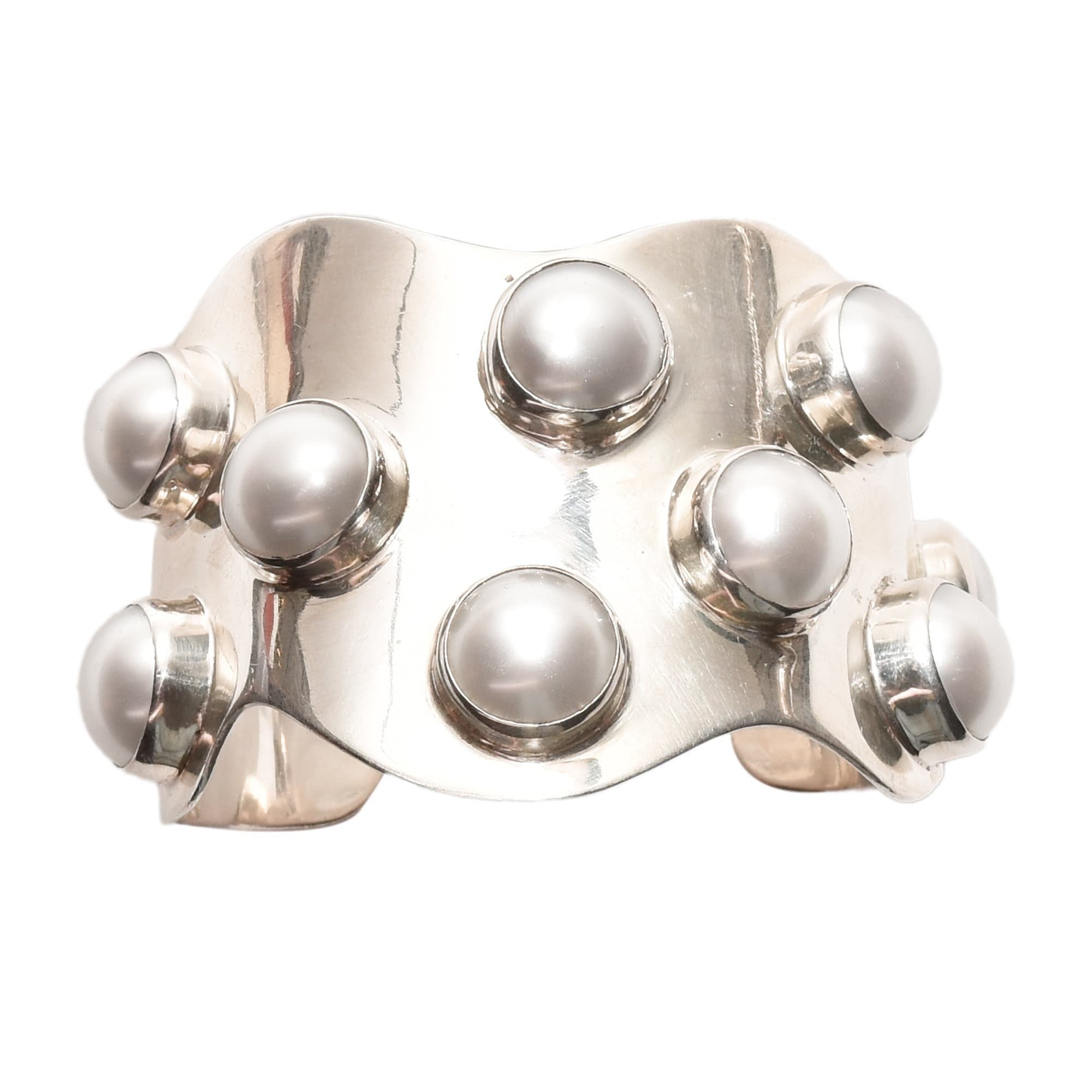 TAXCO Modernist Sterling Silver Mabe Pearl Cuff Bracelet