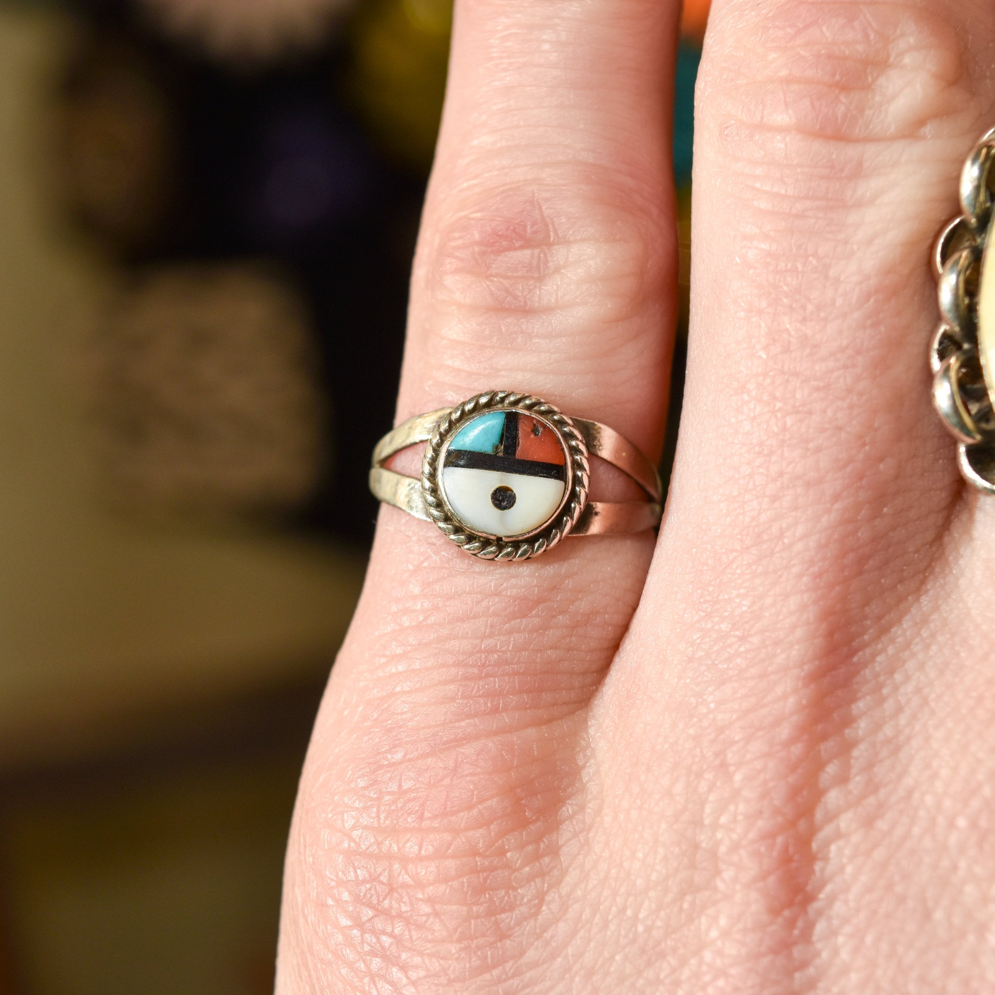 Little Zuni Sun Face Ring In Sterling Silver, Native American Jewelry, Stacking Ring, 5 1/4 US