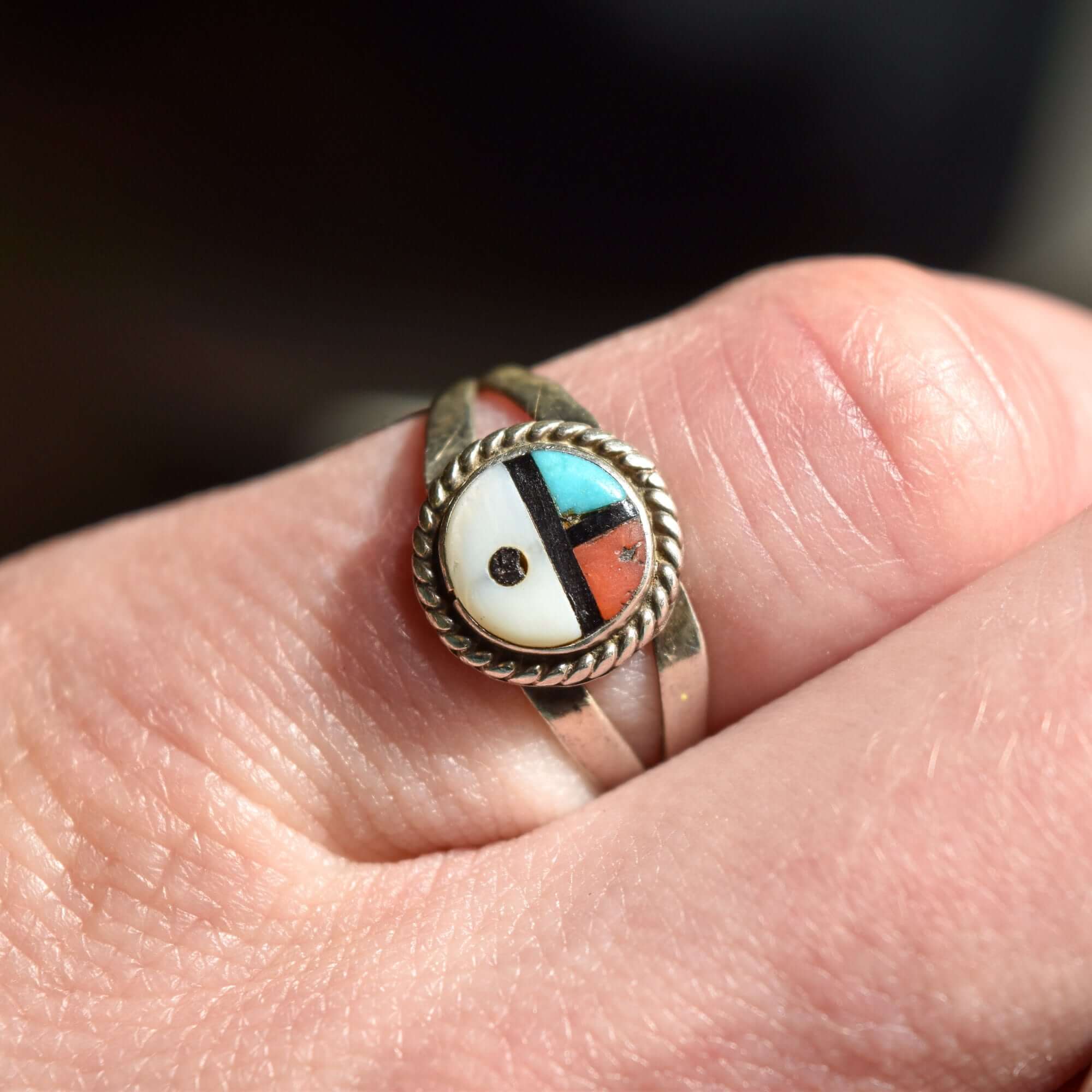 Little Zuni Sun Face Ring In Sterling Silver, Native American Jewelry, Stacking Ring, 5 1/4 US