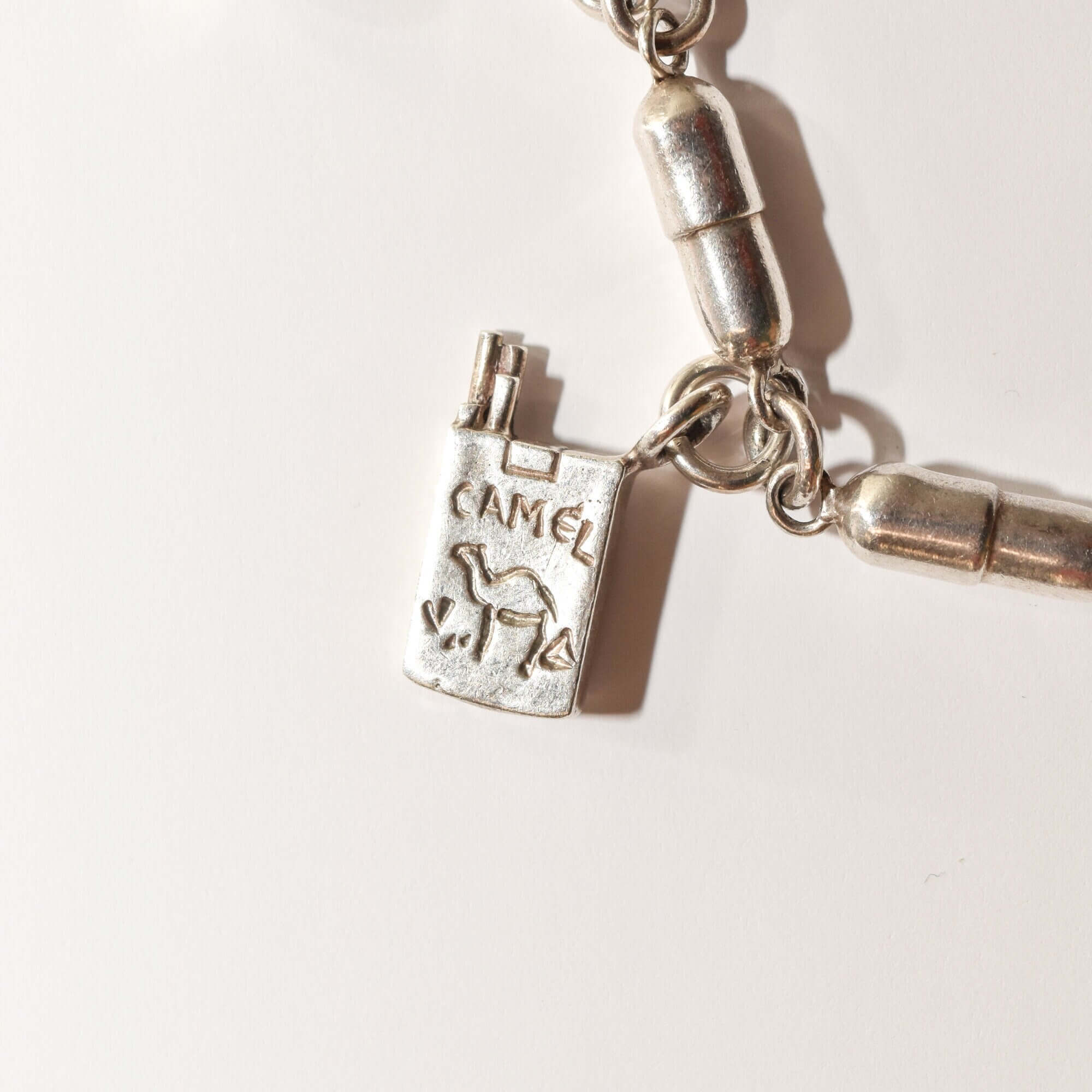 Damien Hirst Style Sterling Silver Pill Link "Vices" Charm Bracelet, Estate Jewelry, 8.25"