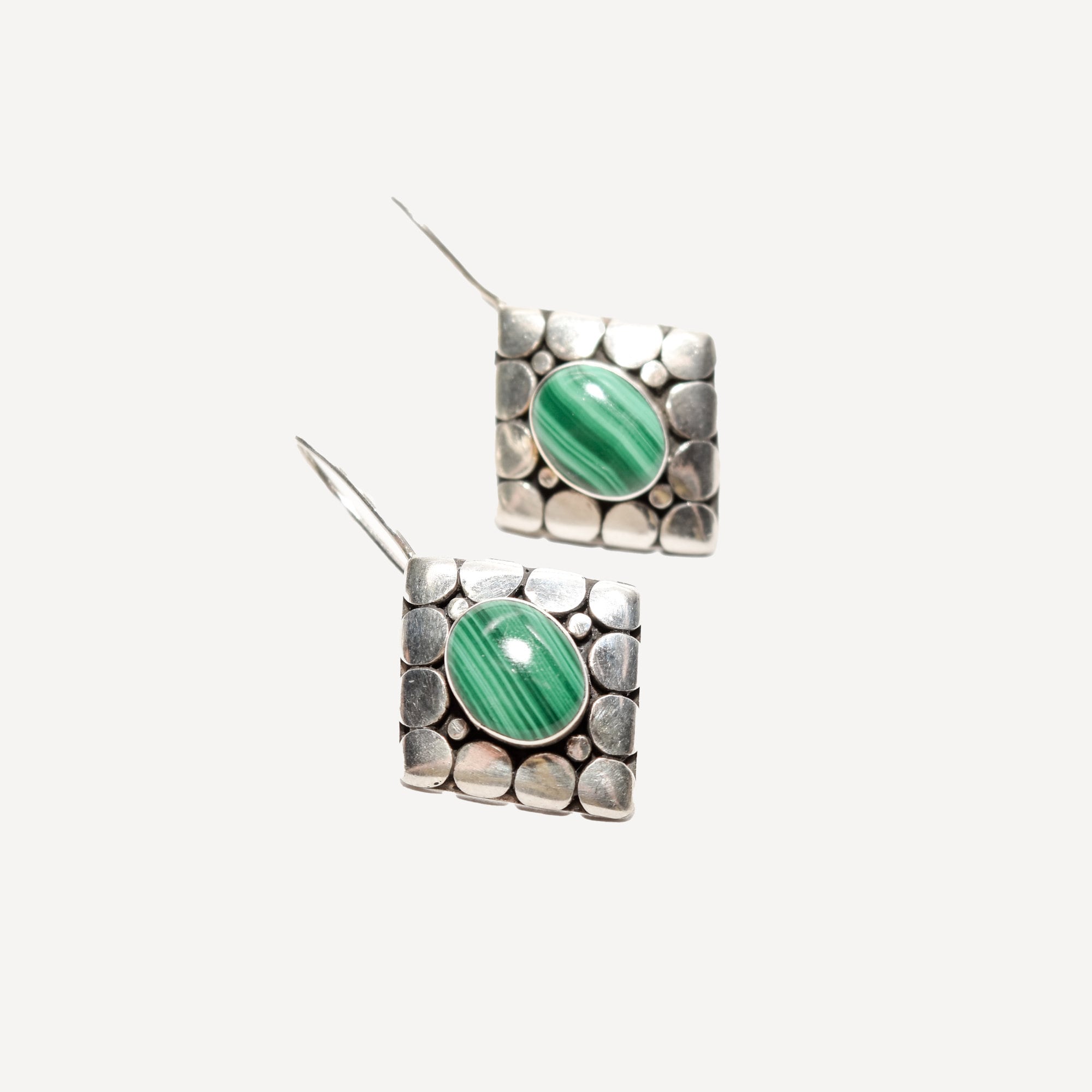 Modernist Sterling Silver Malachite Dangle Earrings, Cute Gemstone Earrings, 1.5" L