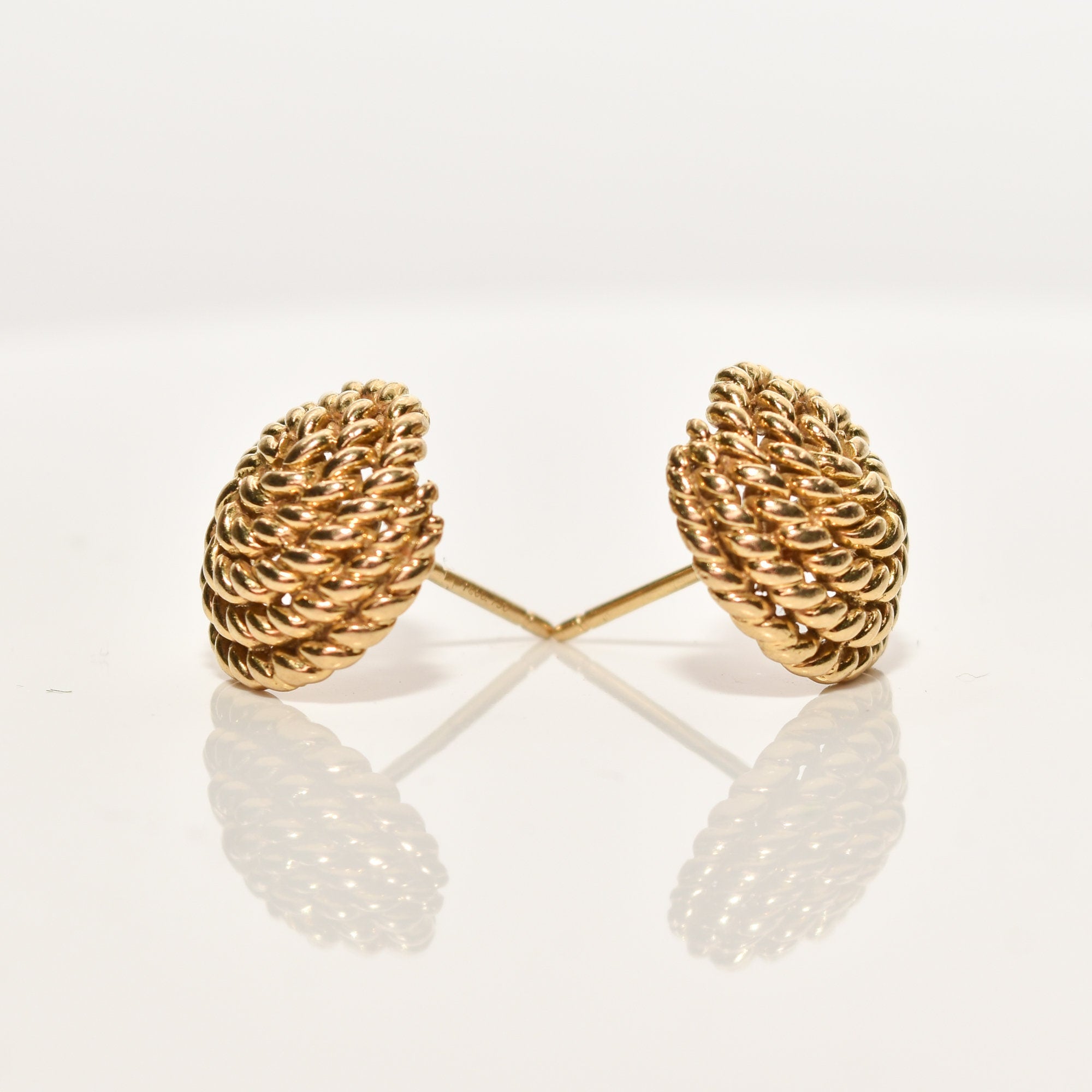 Tiffany & Co Schlumberger 18K Woven Button Stud Earrings, Coiled Rope Earrings, Estate Jewelry, 14.5mm
