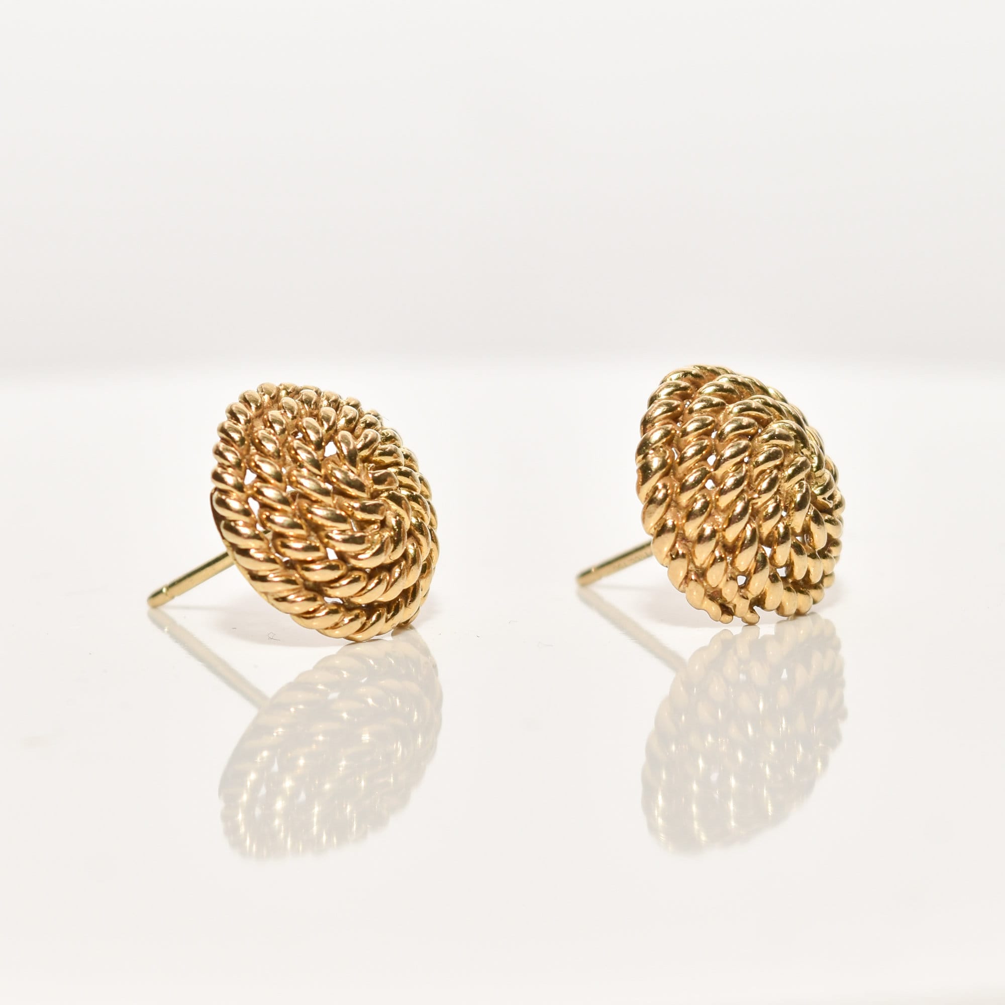 Tiffany & Co Schlumberger 18K Woven Button Stud Earrings, Coiled Rope Earrings, Estate Jewelry, 14.5mm