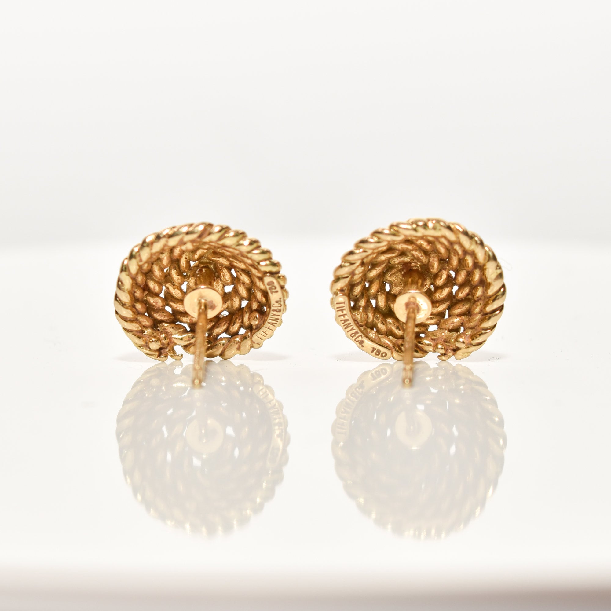 Tiffany & Co Schlumberger 18K Woven Button Stud Earrings, Coiled Rope Earrings, Estate Jewelry, 14.5mm