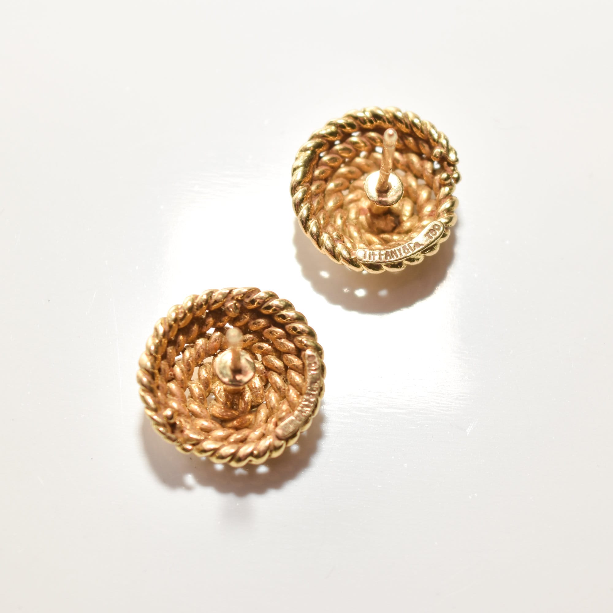 Tiffany & Co Schlumberger 18K Woven Button Stud Earrings, Coiled Rope Earrings, Estate Jewelry, 14.5mm