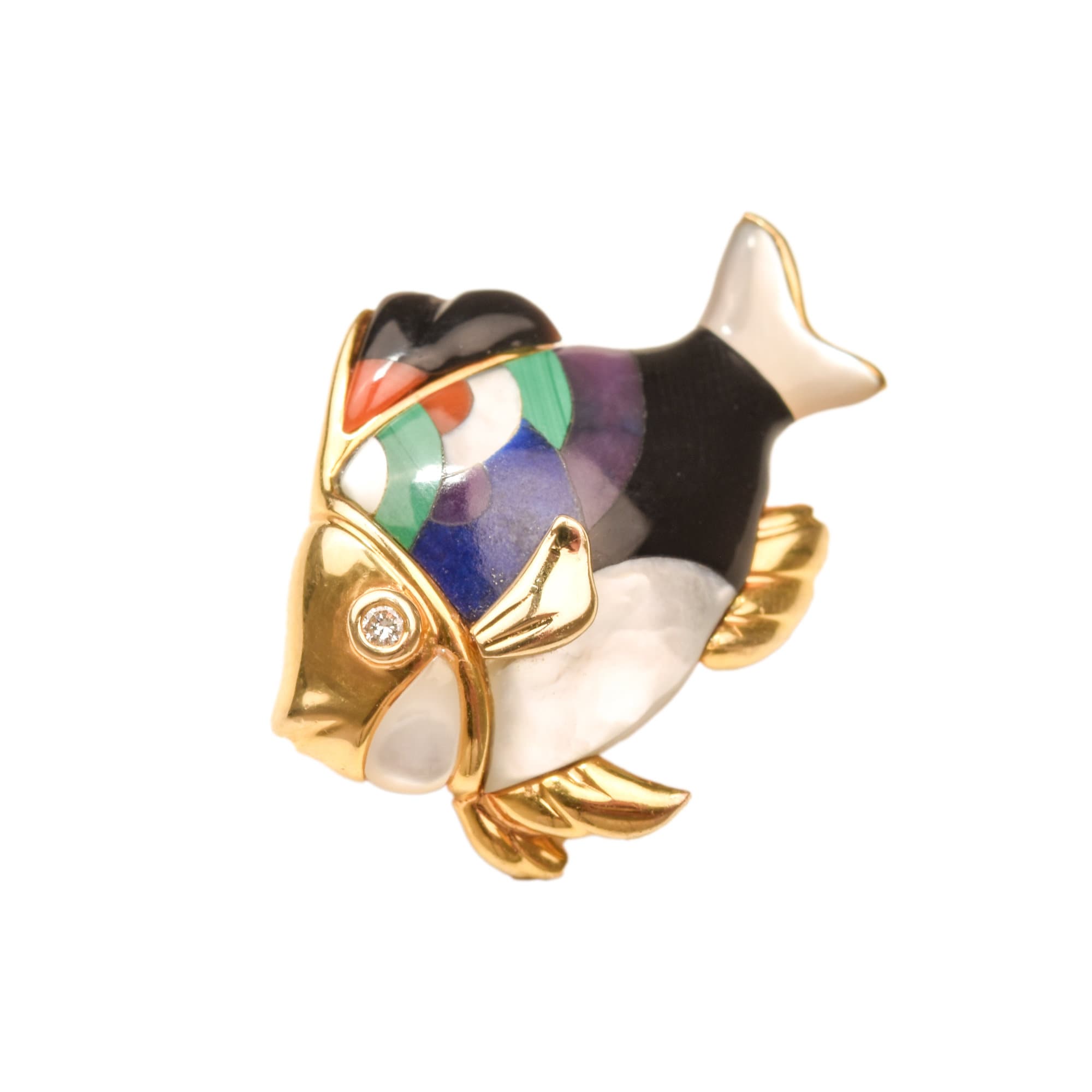 Modernist 14K Gemstone Inlay Fish Pin By Asch Grossbardt, Diamond Accent Eye, Fine Gold Jewelry, 26.5mm