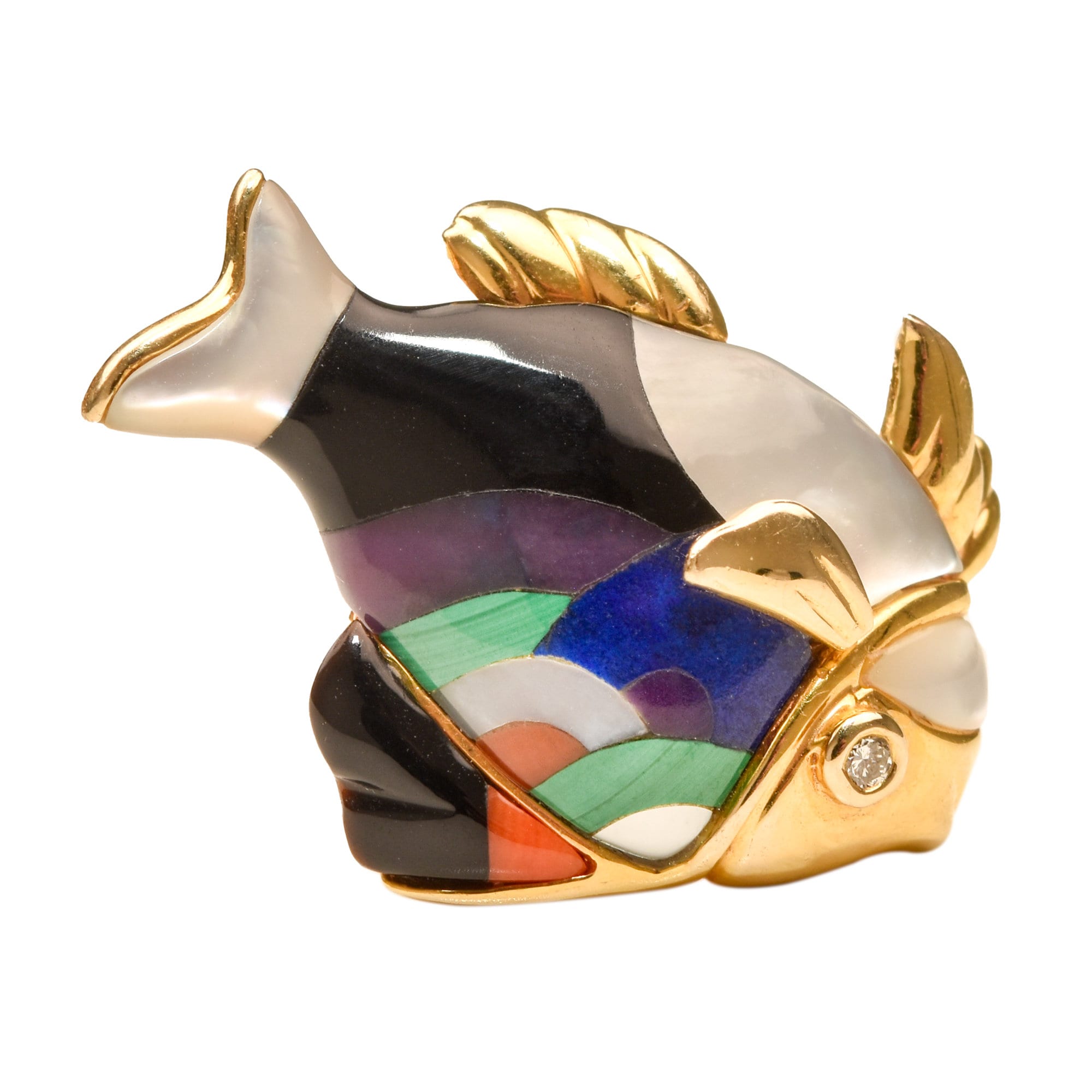 Modernist 14K Gemstone Inlay Fish Pin By Asch Grossbardt, Diamond Accent Eye, Fine Gold Jewelry, 26.5mm