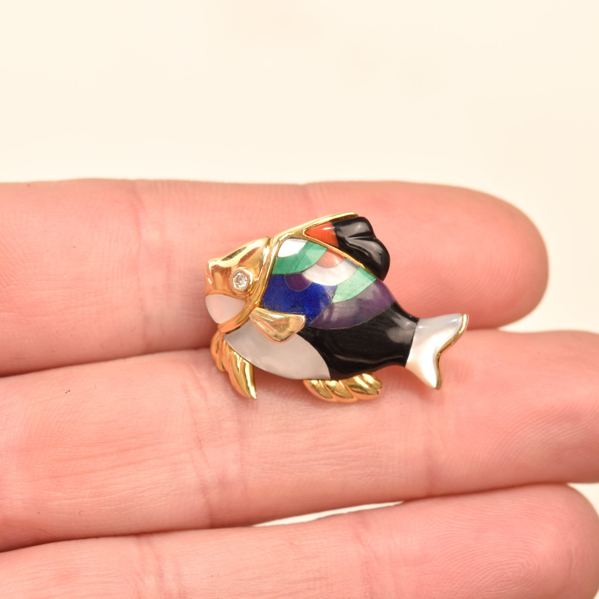 Modernist 14K Gemstone Inlay Fish Pin By Asch Grossbardt, Diamond Accent Eye, Fine Gold Jewelry, 26.5mm