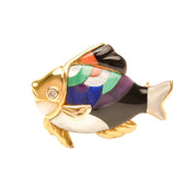 Modernist 14K Gemstone Inlay Fish Pin By Asch Grossbardt, Diamond Accent Eye, Fine Gold Jewelry, 26.5mm