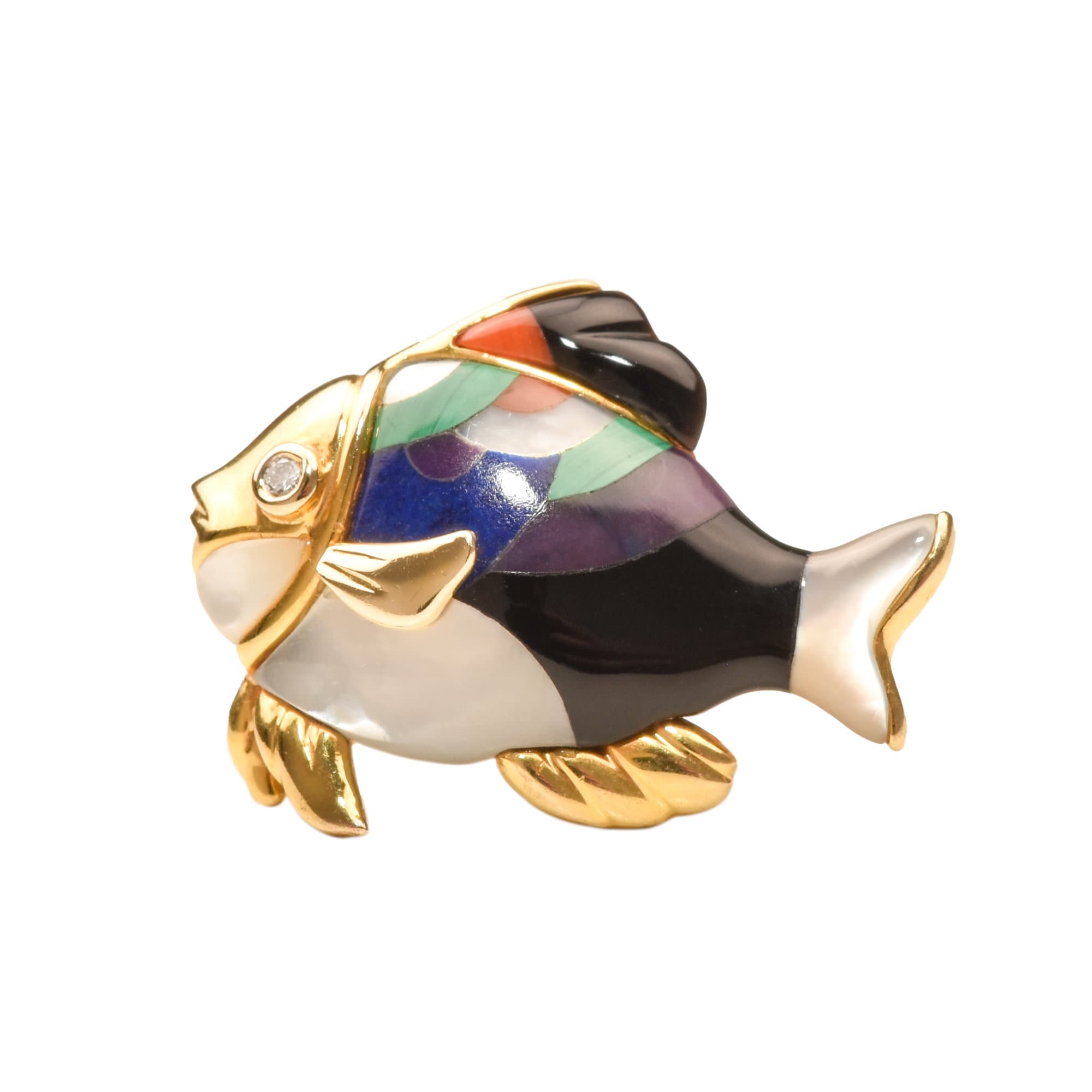 Modernist 14K Gemstone Inlay Fish Pin By Asch Grossbardt, Diamond Accent Eye, Fine Gold Jewelry, 26.5mm