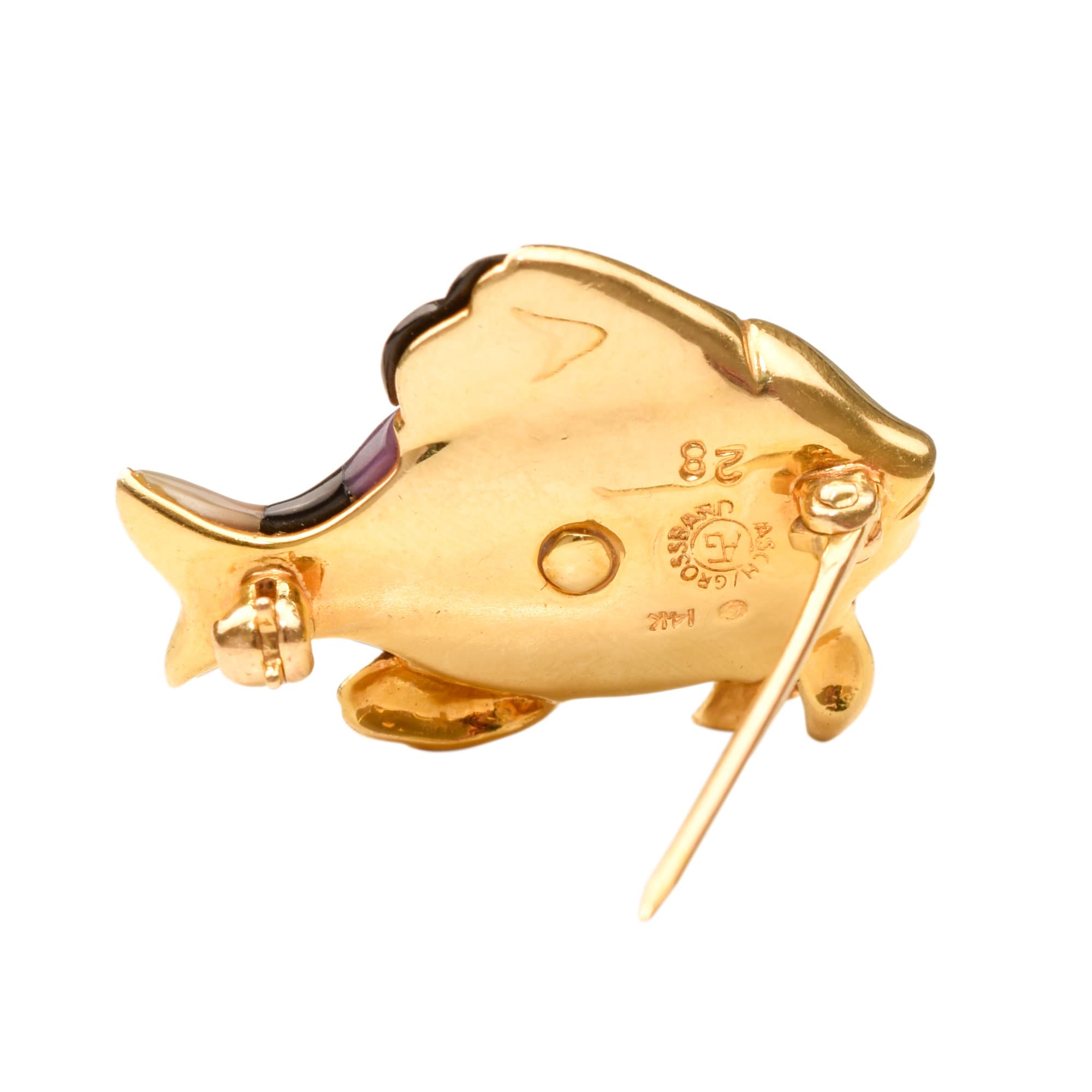 Modernist 14K Gemstone Inlay Fish Pin By Asch Grossbardt, Diamond Accent Eye, Fine Gold Jewelry, 26.5mm