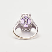 Art Deco 4-Stone Amethyst Seed Pearl Filigree Ring In 10K White Gold
