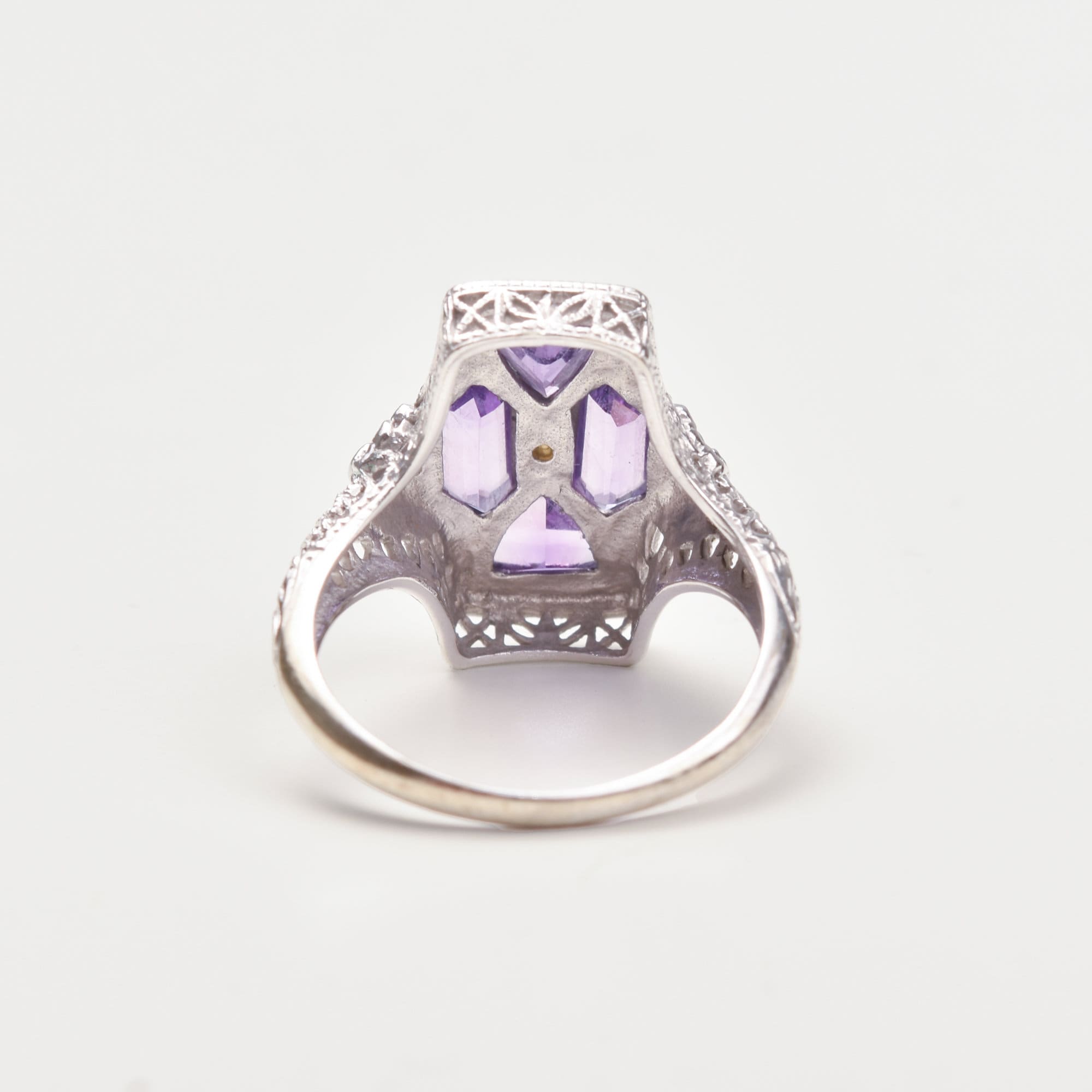 Art Deco 4-Stone Amethyst Seed Pearl Filigree Ring In 10K White Gold