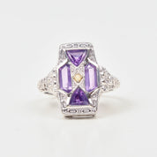 Art Deco 4-Stone Amethyst Seed Pearl Filigree Ring In 10K White Gold