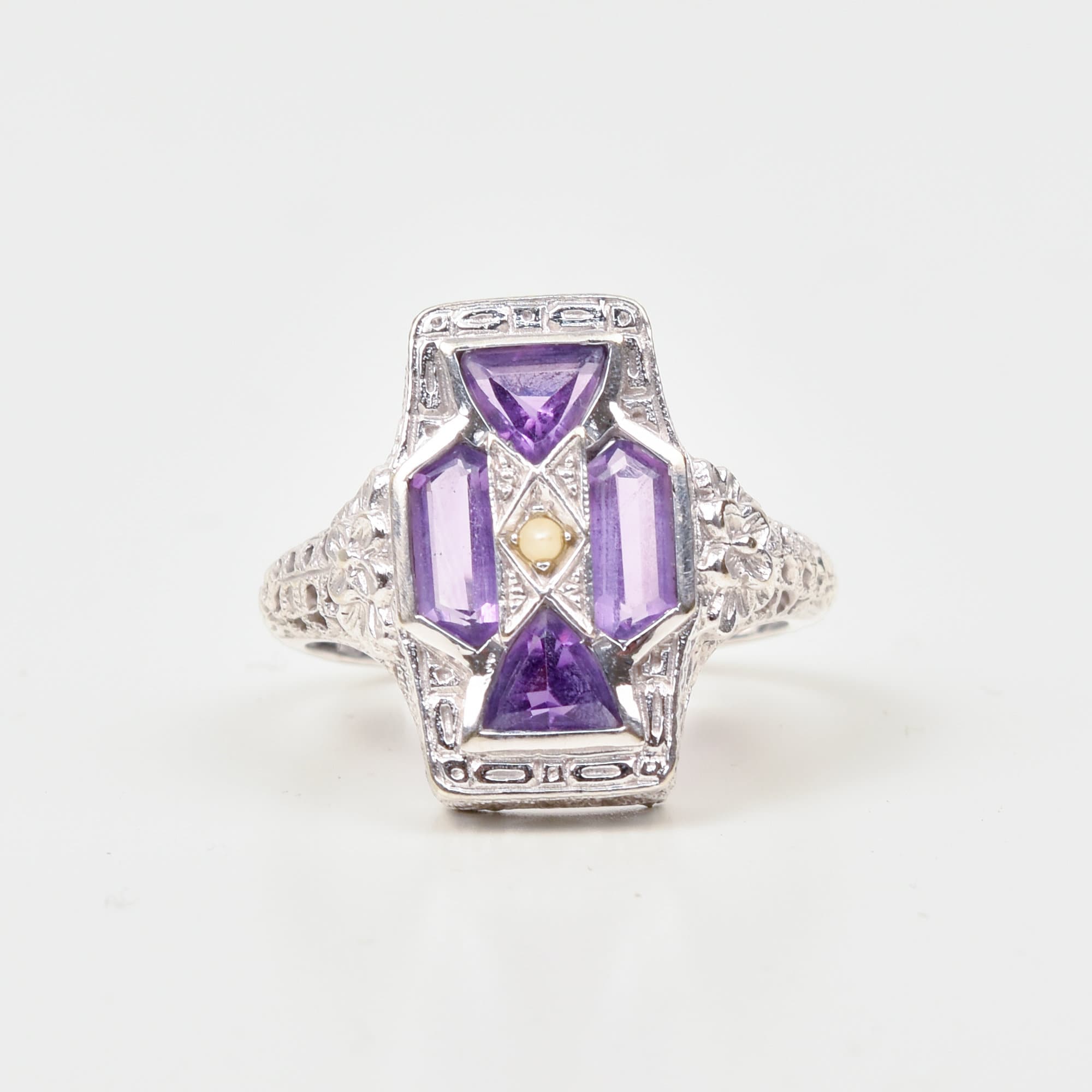 Art Deco 4-Stone Amethyst Seed Pearl Filigree Ring In 10K White Gold