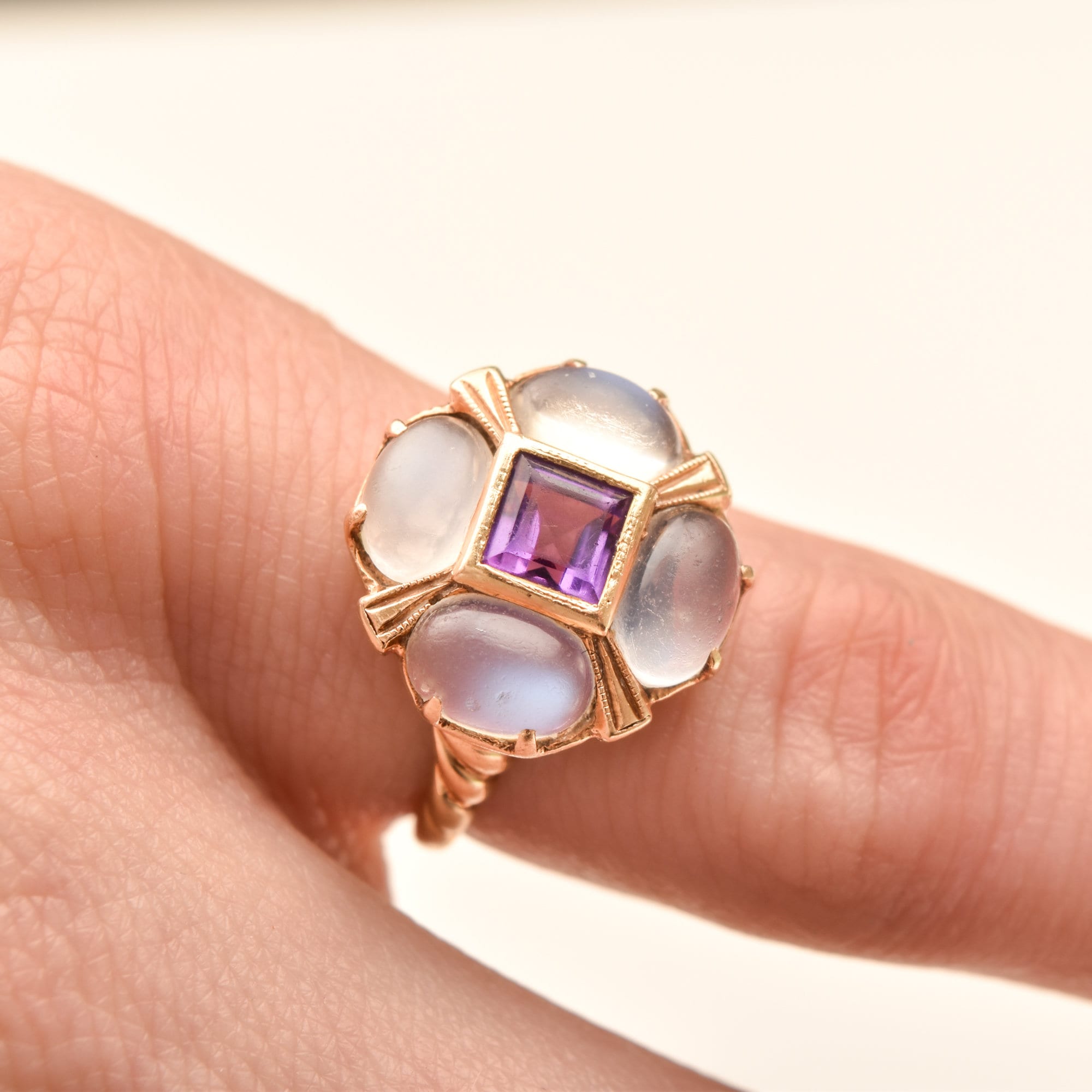 Moonstone Amethyst Flower Ring In 14K Yellow Gold, Estate Jewelry, Size 5 1/4 US
