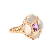 Moonstone Amethyst Flower Ring In 14K Yellow Gold, Estate Jewelry, Size 5 1/4 US