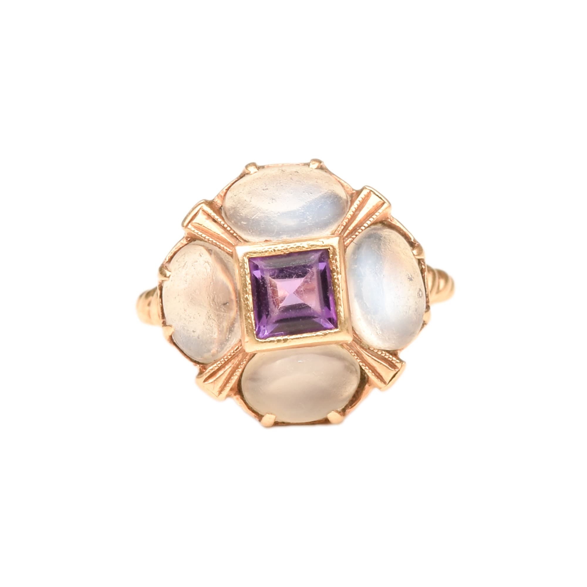 Moonstone Amethyst Flower Ring In 14K Yellow Gold, Estate Jewelry, Size 5 1/4 US