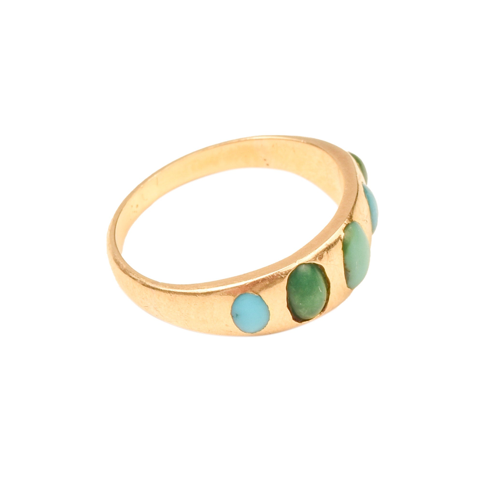 Victorian 5-Stone Turquoise Gypsy Ring In 18K Yellow Gold, Antique Jewelry, Size 5 US