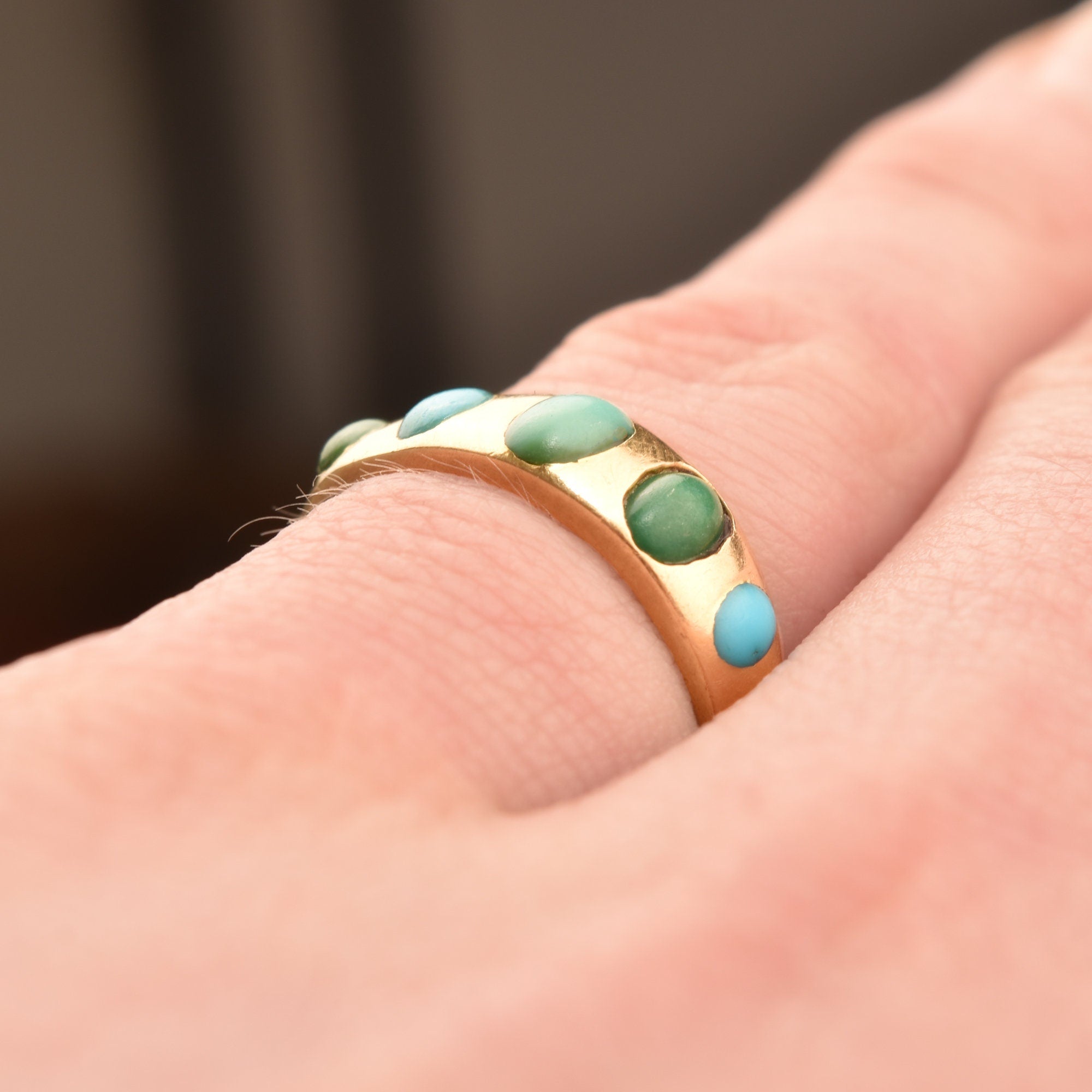 Victorian 5-Stone Turquoise Gypsy Ring In 18K Yellow Gold, Antique Jewelry, Size 5 US