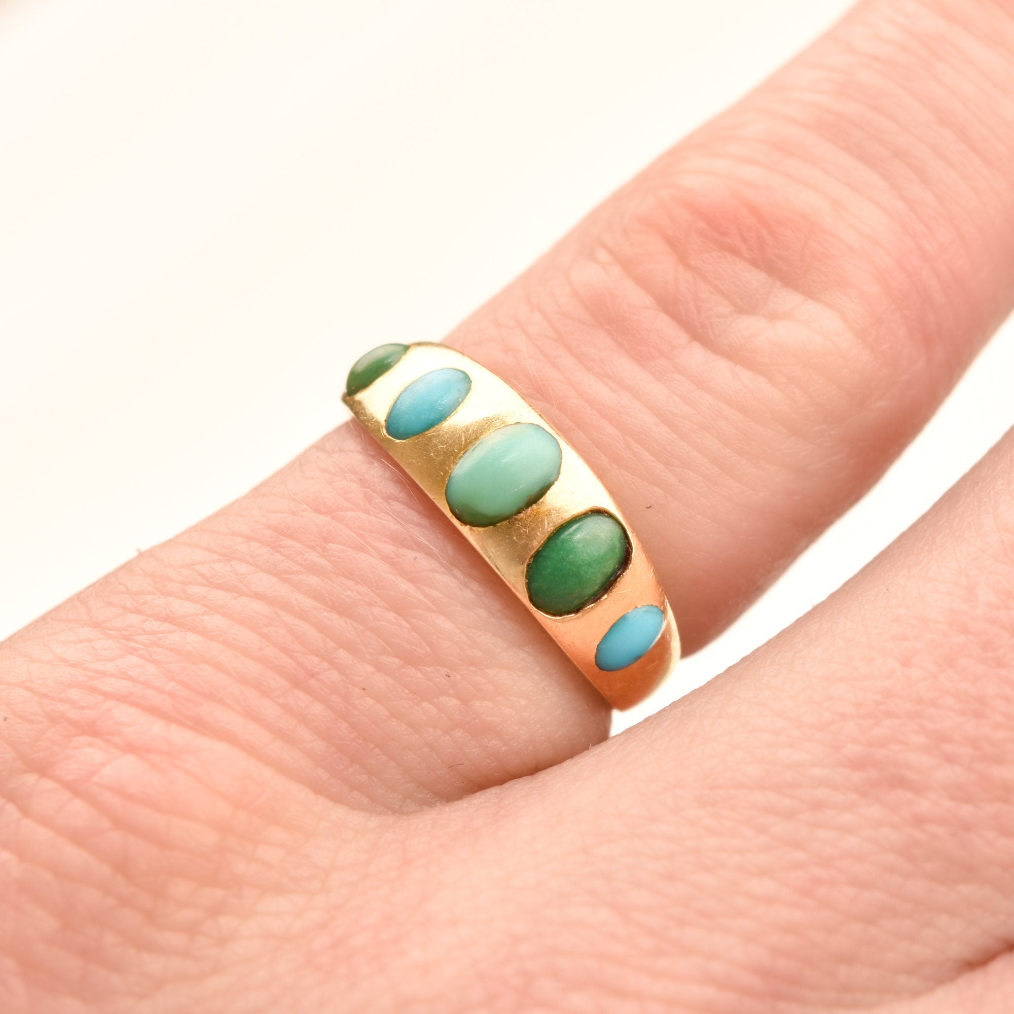 Victorian 5-Stone Turquoise Gypsy Ring In 18K Yellow Gold, Antique Jewelry, Size 5 US