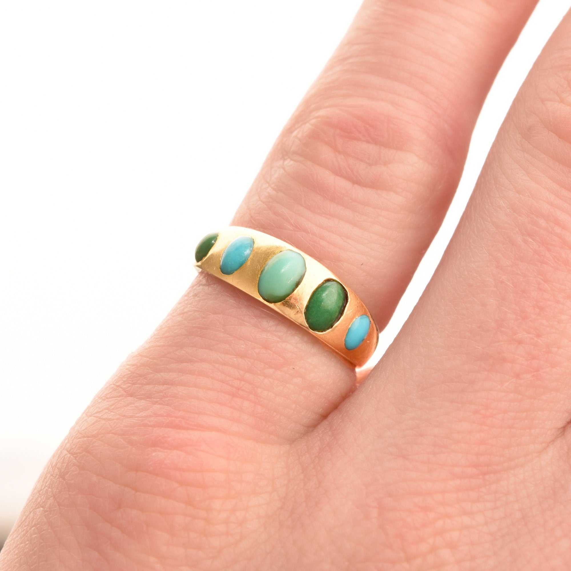 Victorian 5-Stone Turquoise Gypsy Ring In 18K Yellow Gold, Antique Jewelry, Size 5 US