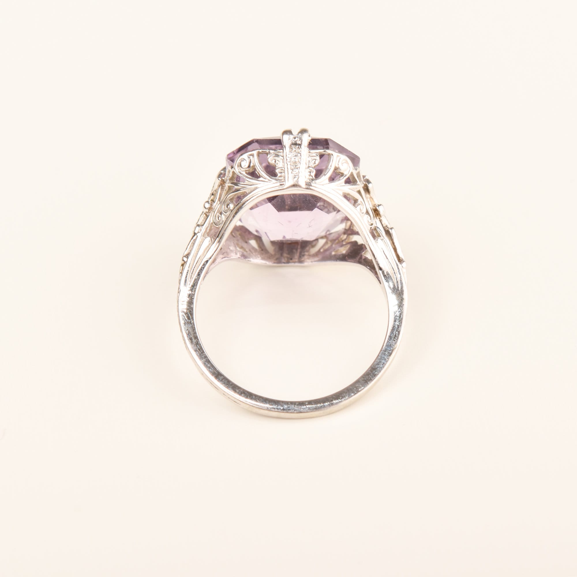 Estate 14K White Gold Amethyst Cocktail Ring, Art Deco Filigree Dinner Ring, Size 5 3/4 US