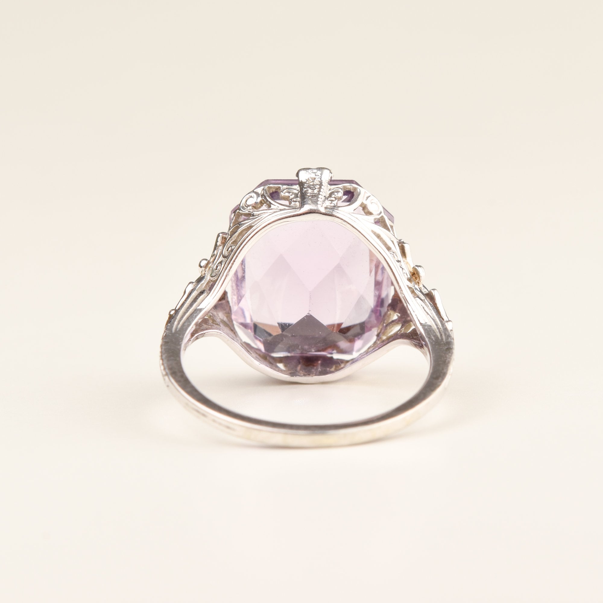 Estate 14K White Gold Amethyst Cocktail Ring, Art Deco Filigree Dinner Ring, Size 5 3/4 US