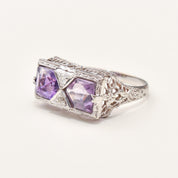 Art Deco 14K White Gold Diamond Amethyst Filigree Ring, Rectangular Dinner Ring, Size 6 1/4 US