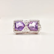 Art Deco 14K White Gold Diamond Amethyst Filigree Ring, Rectangular Dinner Ring, Size 6 1/4 US