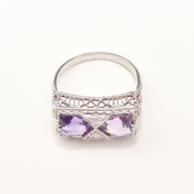 Art Deco 14K White Gold Diamond Amethyst Filigree Ring, Rectangular Dinner Ring, Size 6 1/4 US