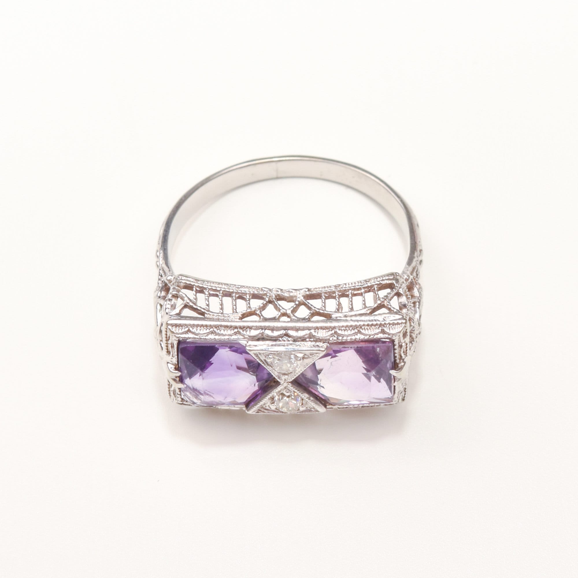 Art Deco 14K White Gold Diamond Amethyst Filigree Ring, Rectangular Dinner Ring, Size 6 1/4 US