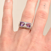 Art Deco 14K White Gold Diamond Amethyst Filigree Ring, Rectangular Dinner Ring, Size 6 1/4 US