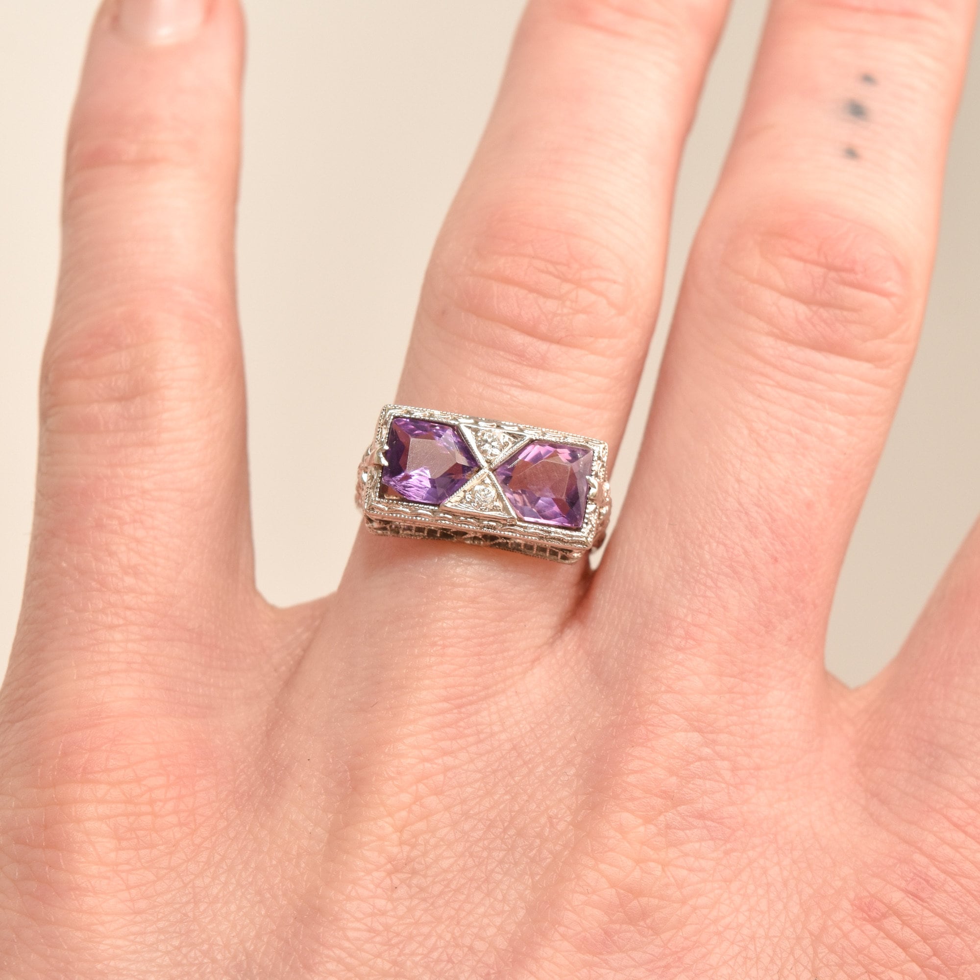 Art Deco 14K White Gold Diamond Amethyst Filigree Ring, Rectangular Dinner Ring, Size 6 1/4 US