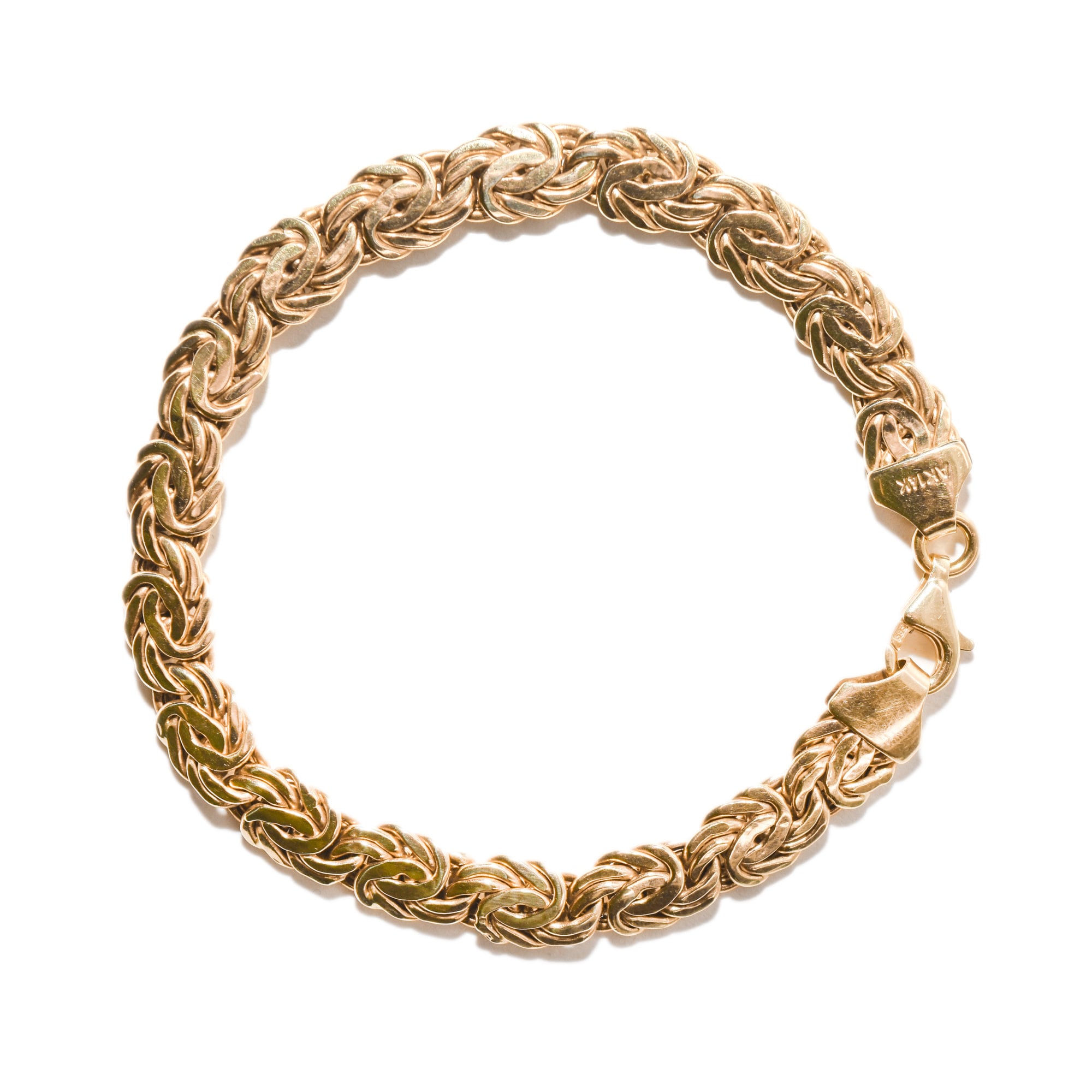 14K Yellow Gold Turkish Byzantine Chain Bracelet, Unisex, Estate Jewelry, 7.25 inches, on White Background