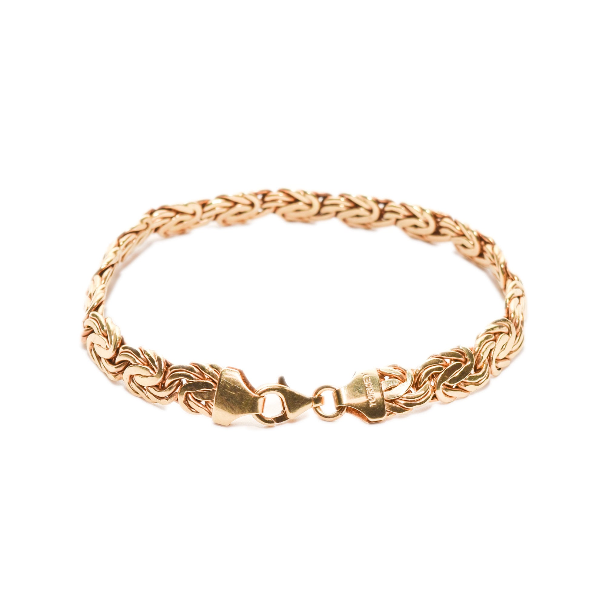 14K Yellow Gold Turkish Byzantine Bracelet, Unisex Gold Chain, Estate Jewelry, 7.25 Inches, Intricate Link Design on White Background