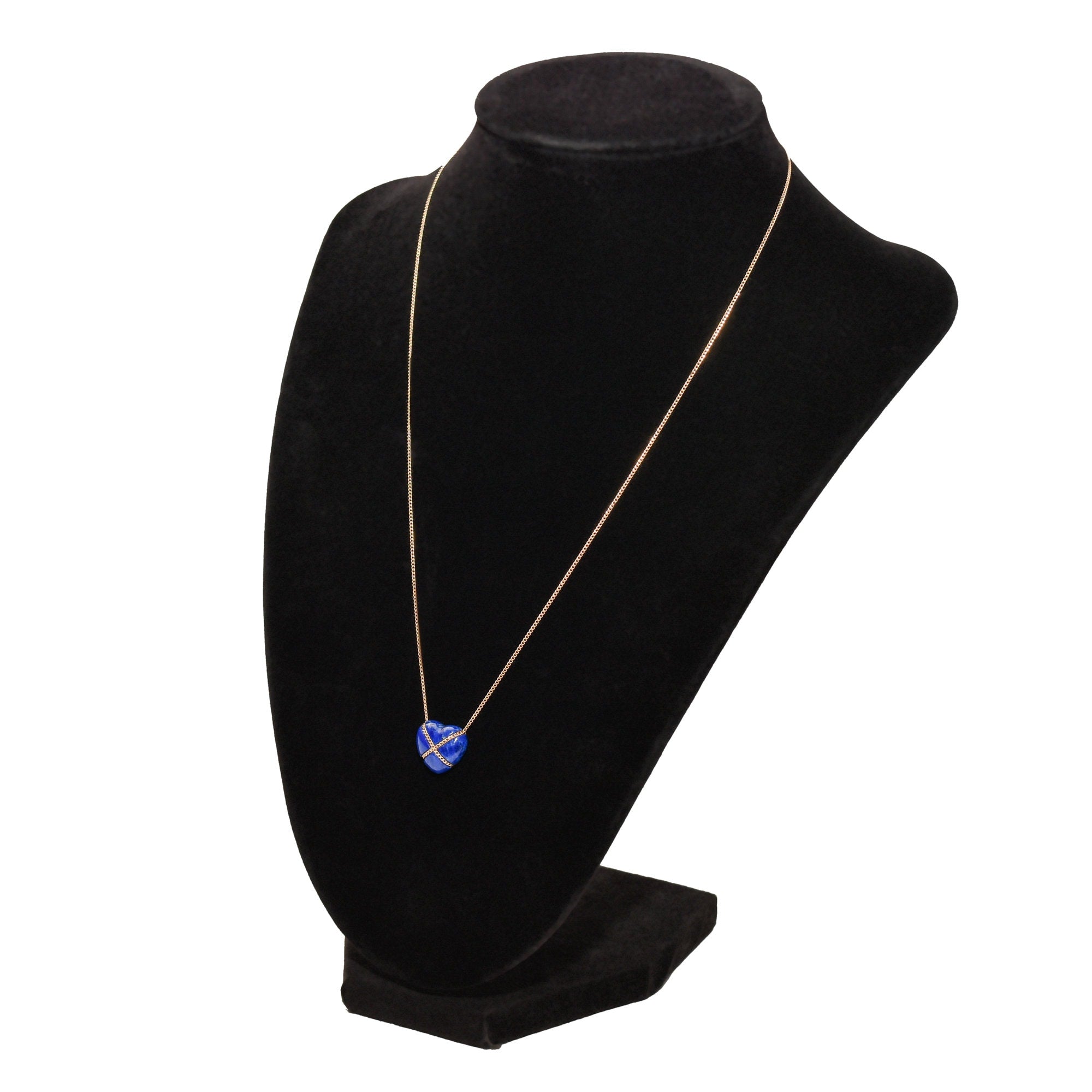 14K gold Tiffany & Co. Lapis Lazuli heart cross pendant on a minimalist necklace displayed on a black mannequin, 18 inches long.
