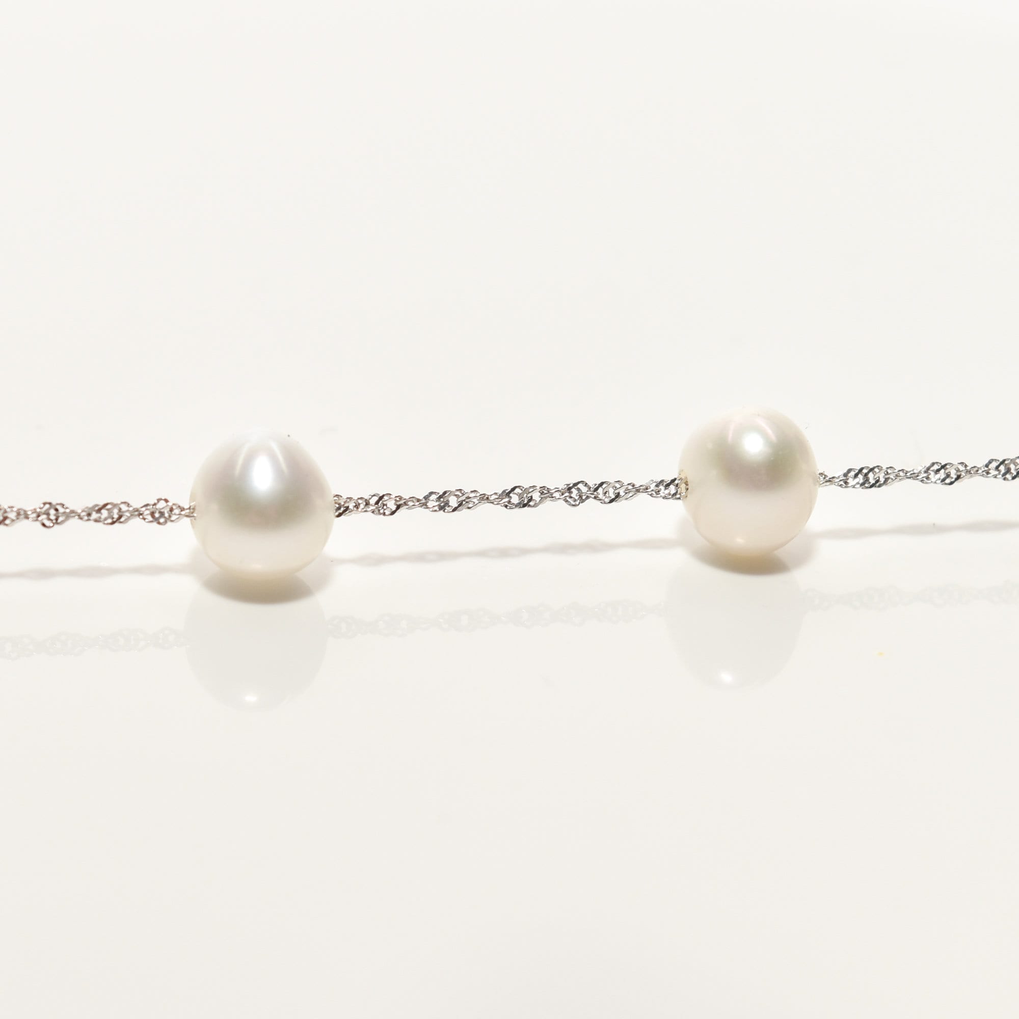 White Pearl Choker In 14K White Gold, Elegant Pearl Station Necklace, 17.75"