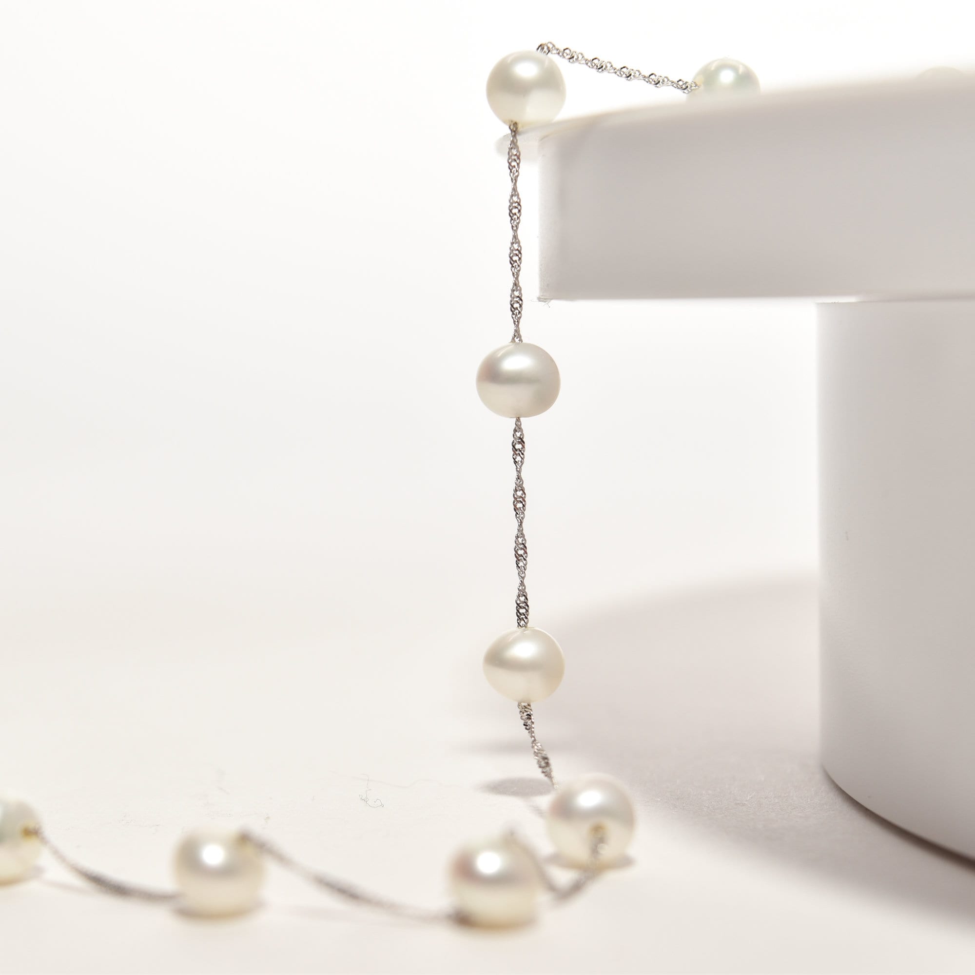 White Pearl Choker In 14K White Gold, Elegant Pearl Station Necklace, 17.75"