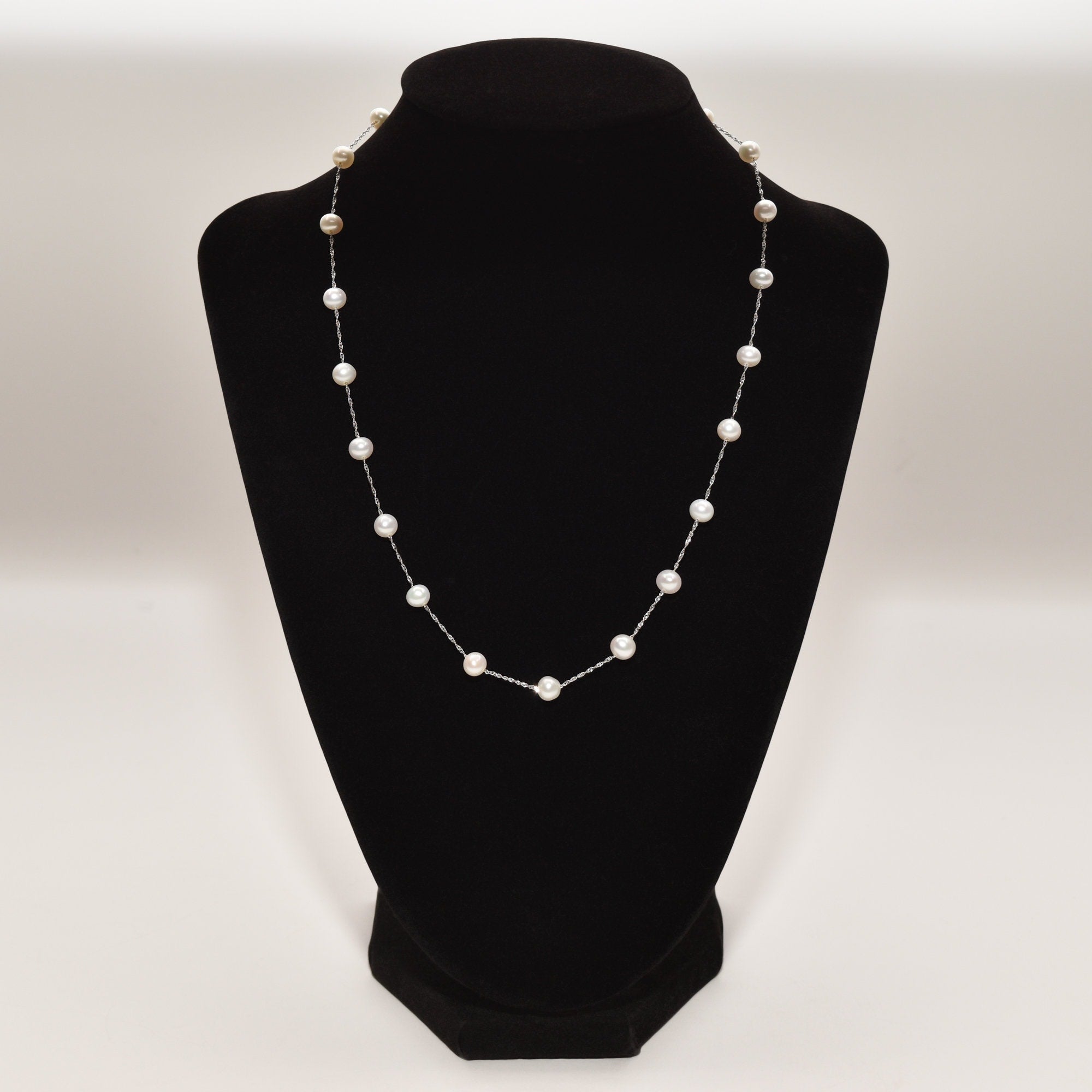 White Pearl Choker In 14K White Gold, Elegant Pearl Station Necklace, 17.75"