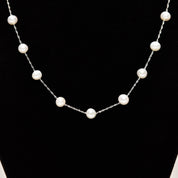 White Pearl Choker In 14K White Gold, Elegant Pearl Station Necklace, 17.75"