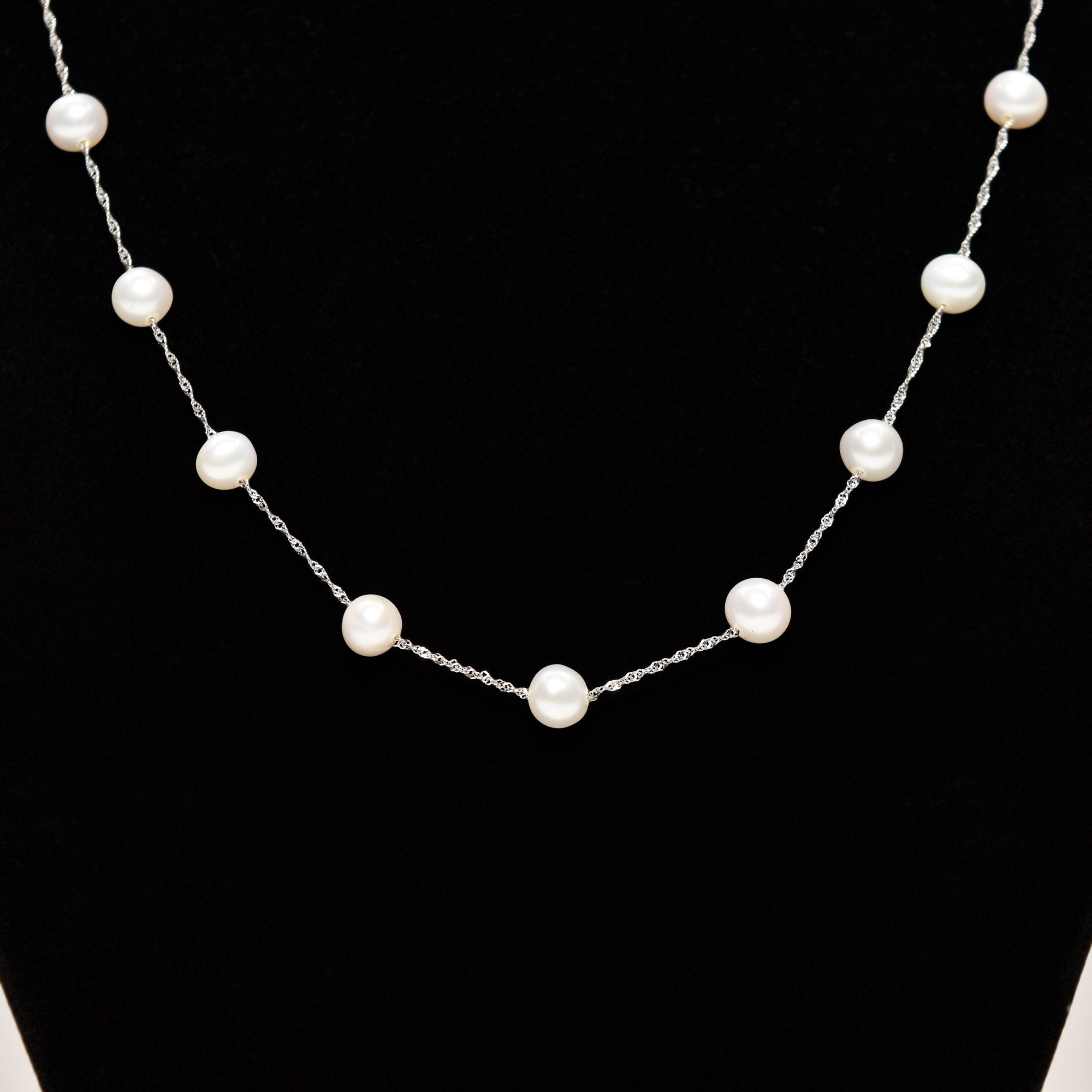 White Pearl Choker In 14K White Gold, Elegant Pearl Station Necklace, 17.75"